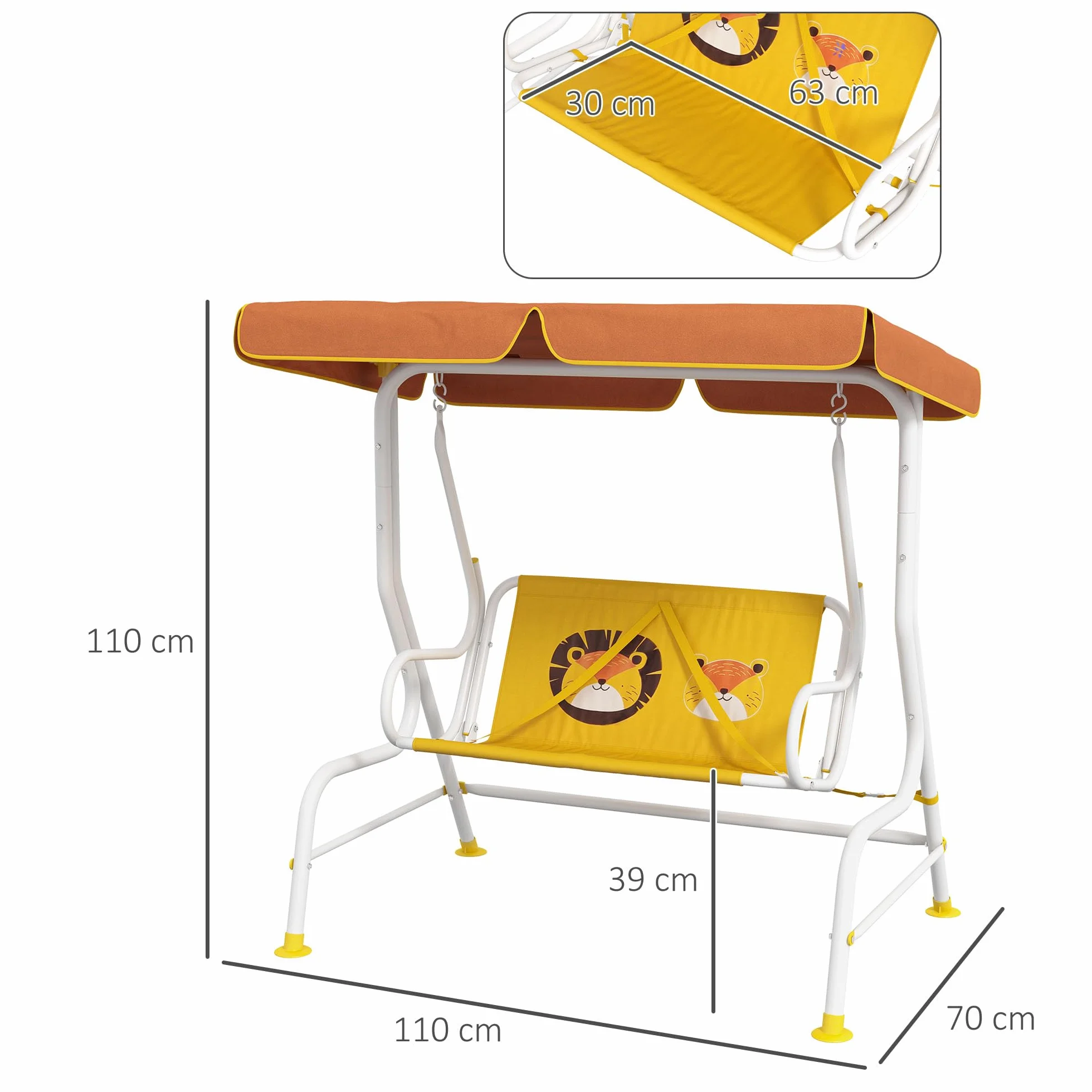 Outsunny Balancelle de jardin extérieure à 2 places motif lion, tente d'angle réglable, 60 kg, 110 x 70 x 110 cm, jaune