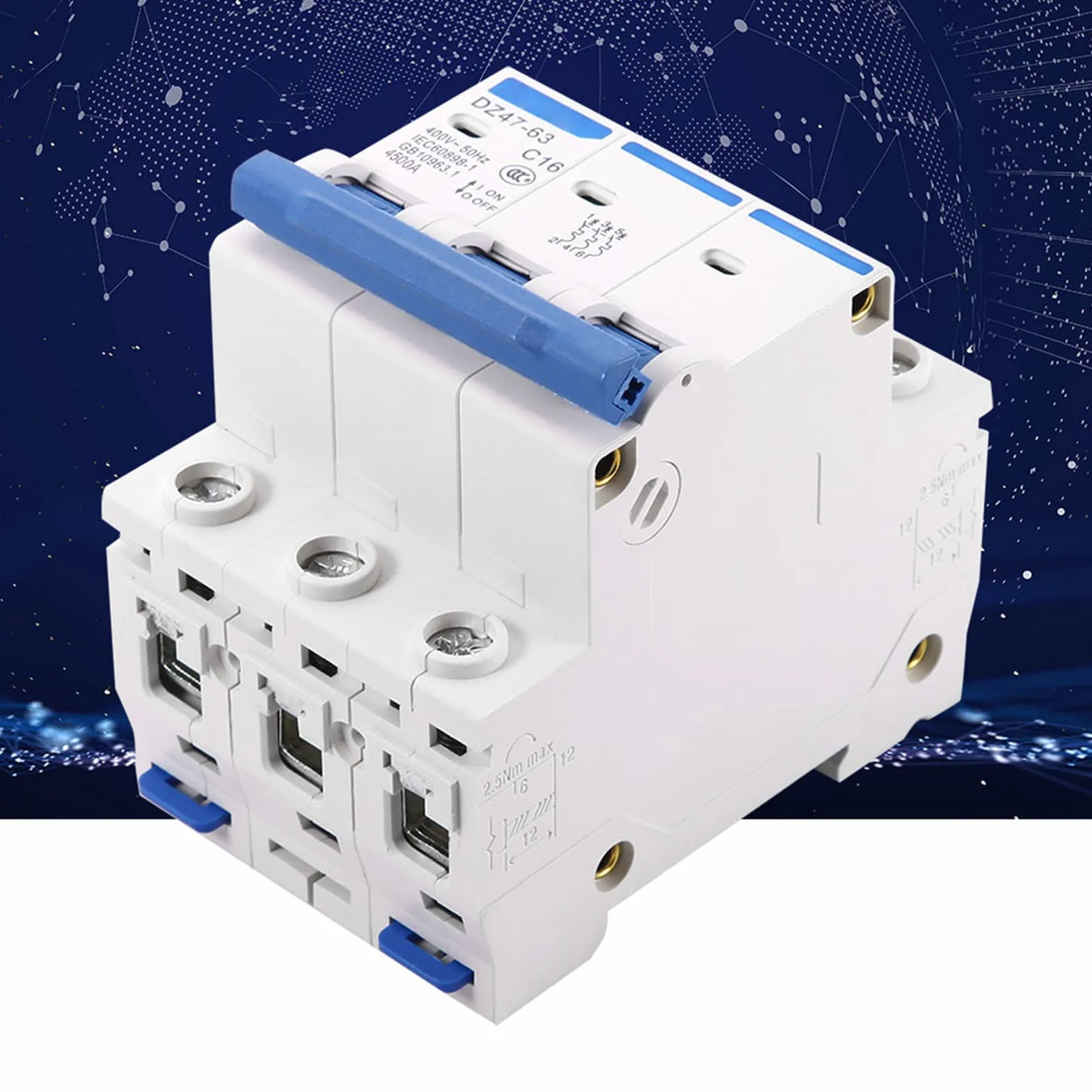Disjoncteur Miniature Automatique de Sécurité DZ4763 3 Pôles 400V Courant Alternatif Montage sur Rail DIN 35 Millimètres 16 Ampères