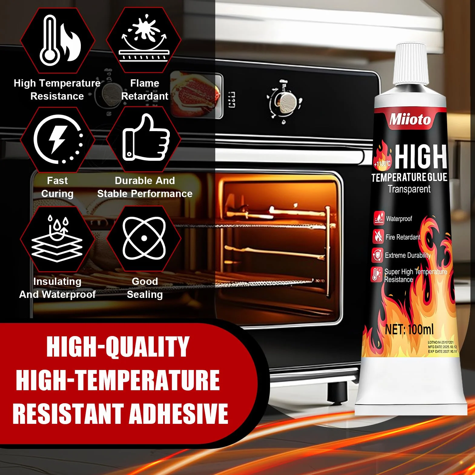 Miioto Colle Haute Temperature, Colle Refractaire, Colles Joint Poele a Bois, Silicone Haute Temperature aux Cheminées, Poêles, Boucliers Thermiques, Transparent, 100ml