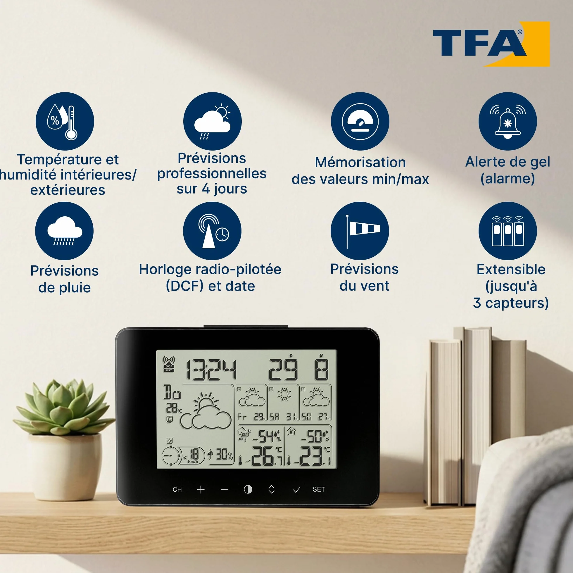 Station météo TFA Dostmann METEOTIME PRIMO 35.1156.01 pour 90 régions Europe probabilité pluie force vent noir