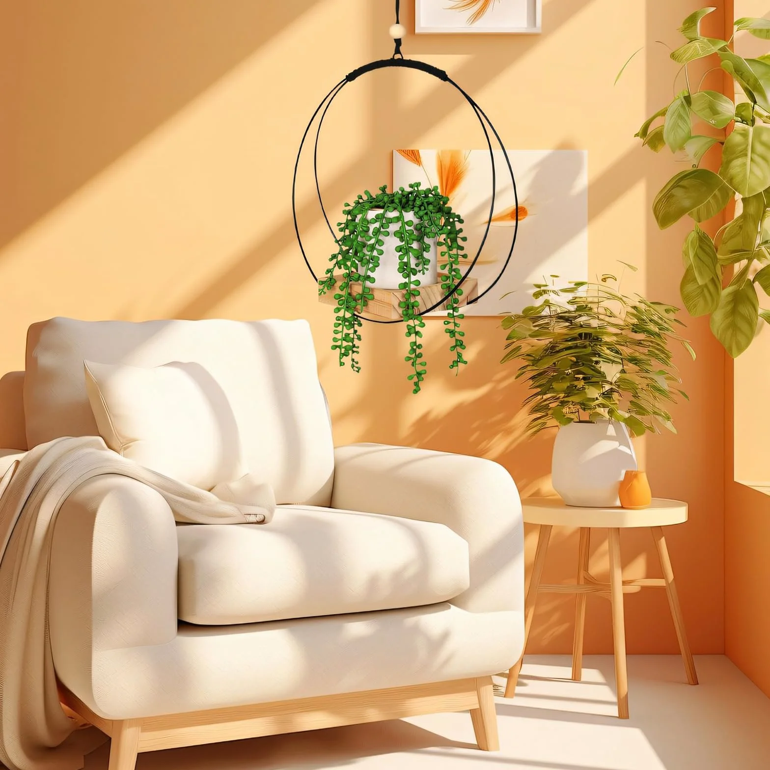 Suspension Plante Intérieure Macramé, Pot Suspendu avec Anneau Métal et Base Bois, Crochet Inclus
