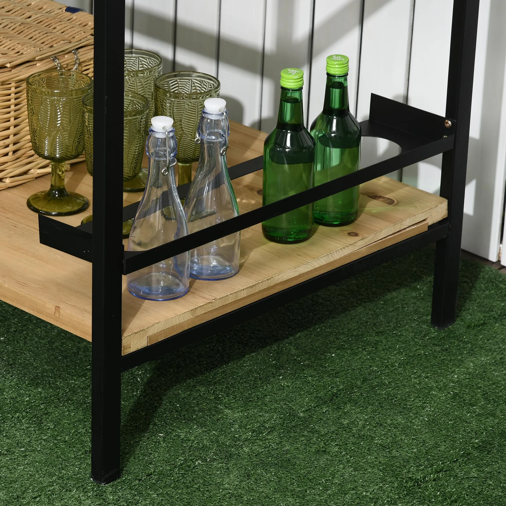Outsunny Desserte de Jardin Chariot Barbecue avec 2 étagères 3 Crochets Bois Métal 107 x 65 x 80 cm Noir Naturel