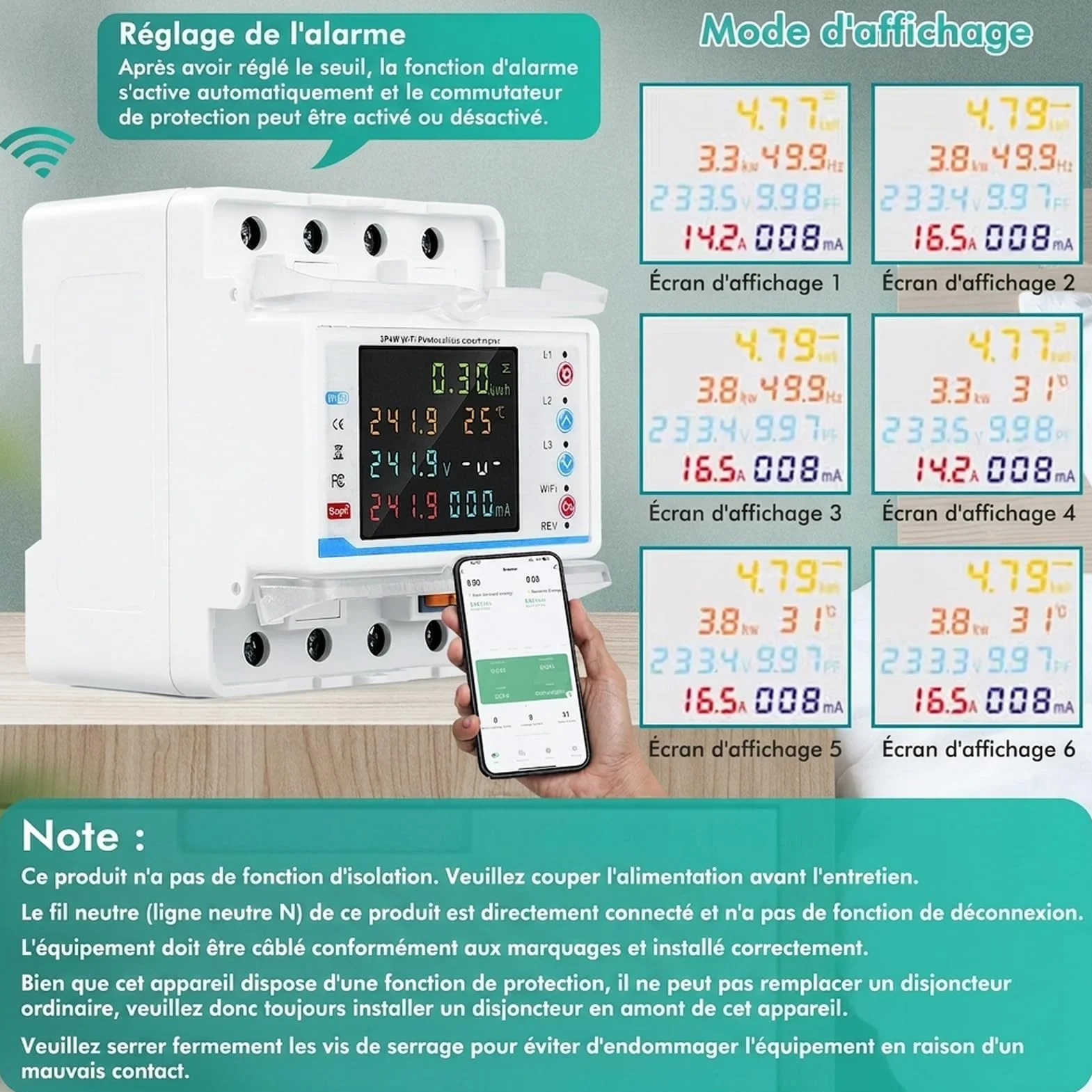 Wifi compteur electrique consommation triphasé 100A 380V AC Smart meter compteur électrique wifi bidirectionnel avec contrôle du temps/protection contre les surtensions/surintensités.