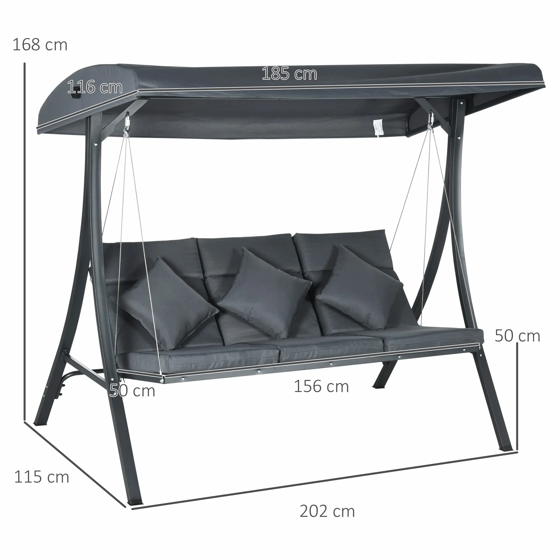 Outsunny Balancelle de Jardin 3 Places Grand Confort Acier Polyester 202x115x168 cm Gris foncé