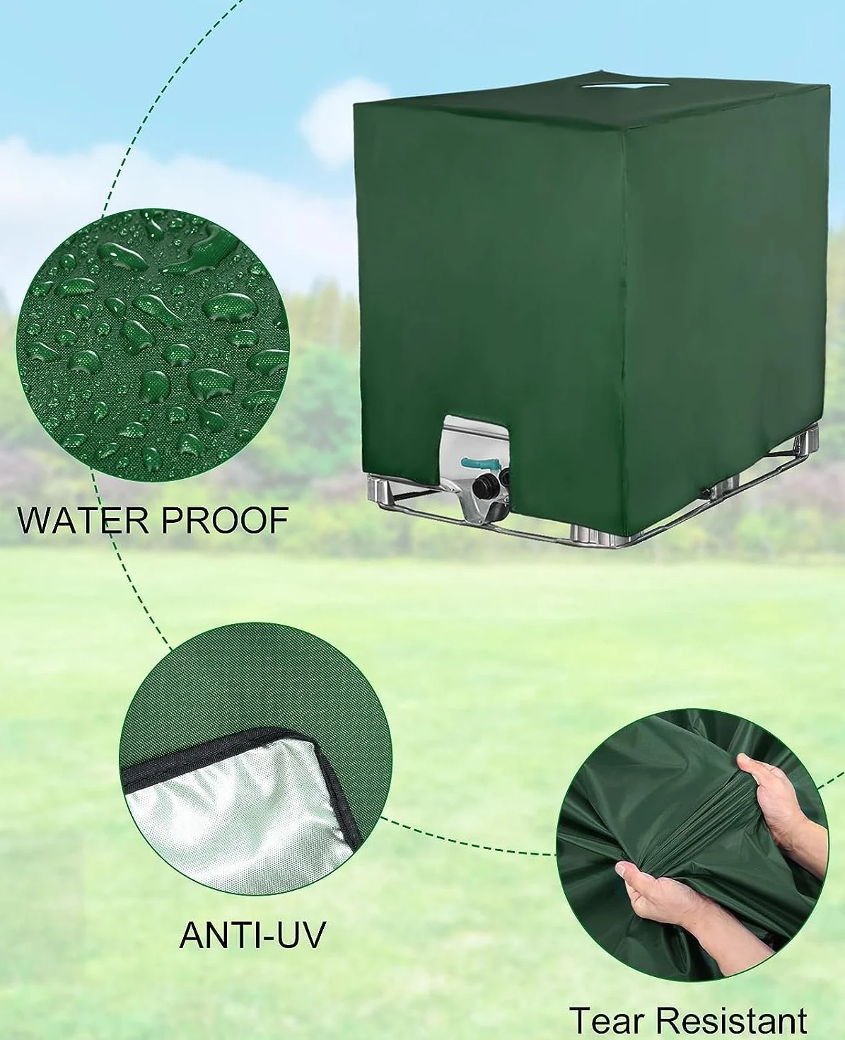 Bâche pour Cuve IBC 1000L, Anti-UV Anti-poussière, Protection Réservoir Eau, 116 x 100 x 120 cm, Vert