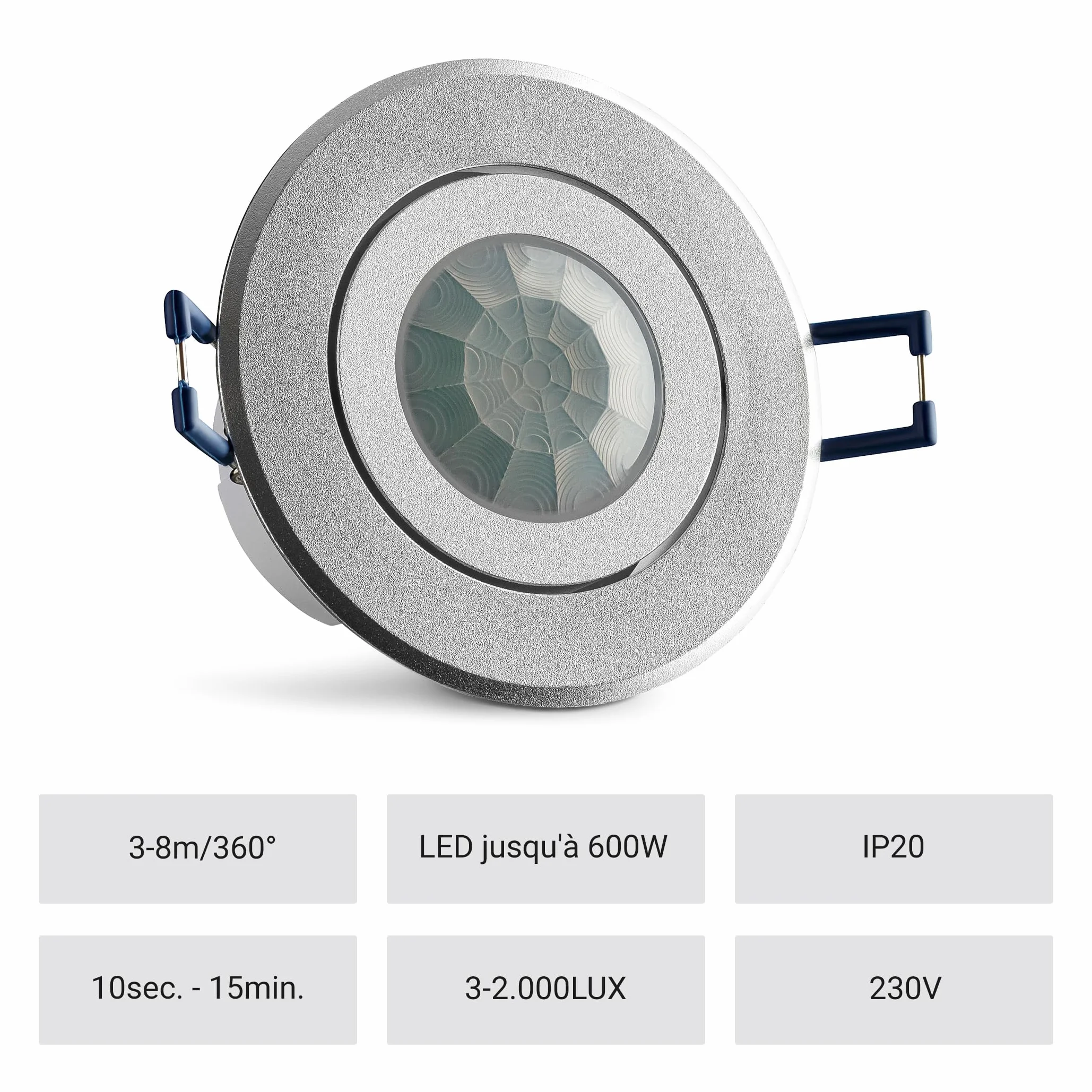 SEBSON Détecteur de Mouvement Intérieur Encastré pour Montage Plafond - programmable, Portée 8m 360°, Compatible LED, orientable, Capteur PIR, 3 Fils