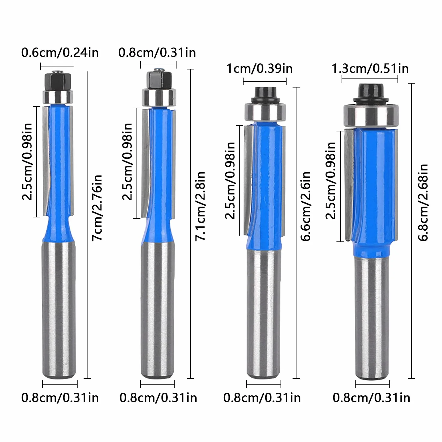 4 Pcs Set Fraise Defonceuse 8mm Tige, Fraise a Copier a Bois, Fraises pour Défonceuses avec Roulement Supérieur, Fraise pour Affleurer, pour Menuiserie Bricolage de Coupe (4)