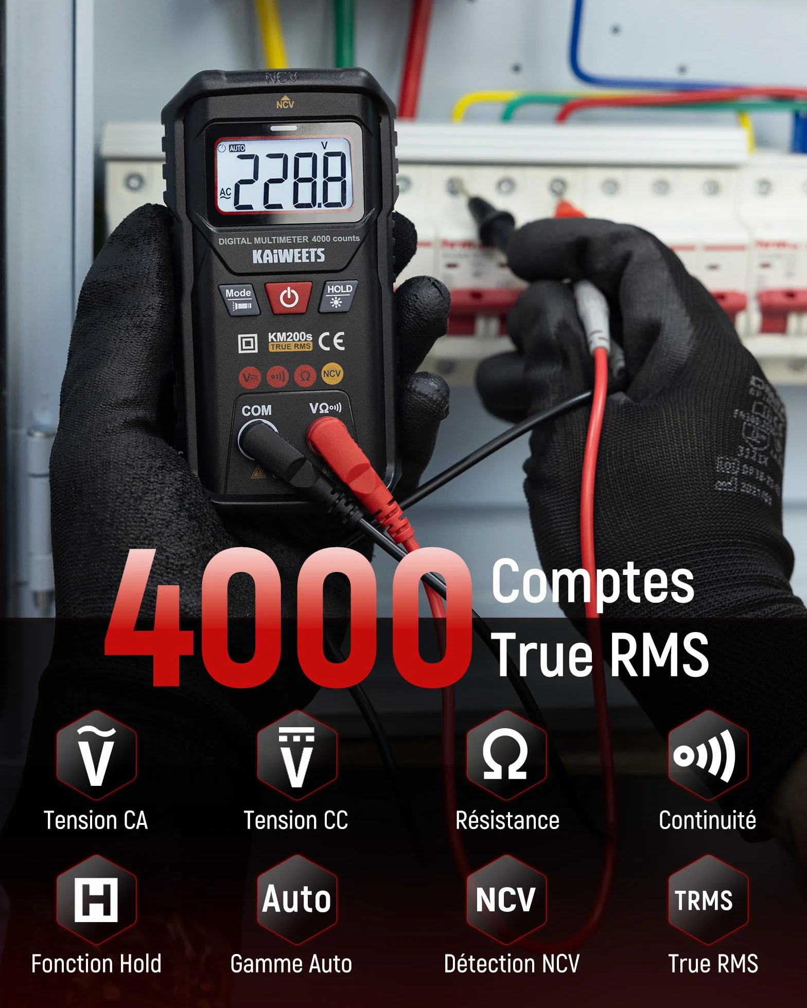 KAIWEETS Multimètre Numérique KM200s True RMS, 4000 Comptes, Voltmètre Intelligent, Détecteur de Tension sans Contact, Sélection Automatique, Mesure Tension AC/DC, Résistance, Testeur de Continuité