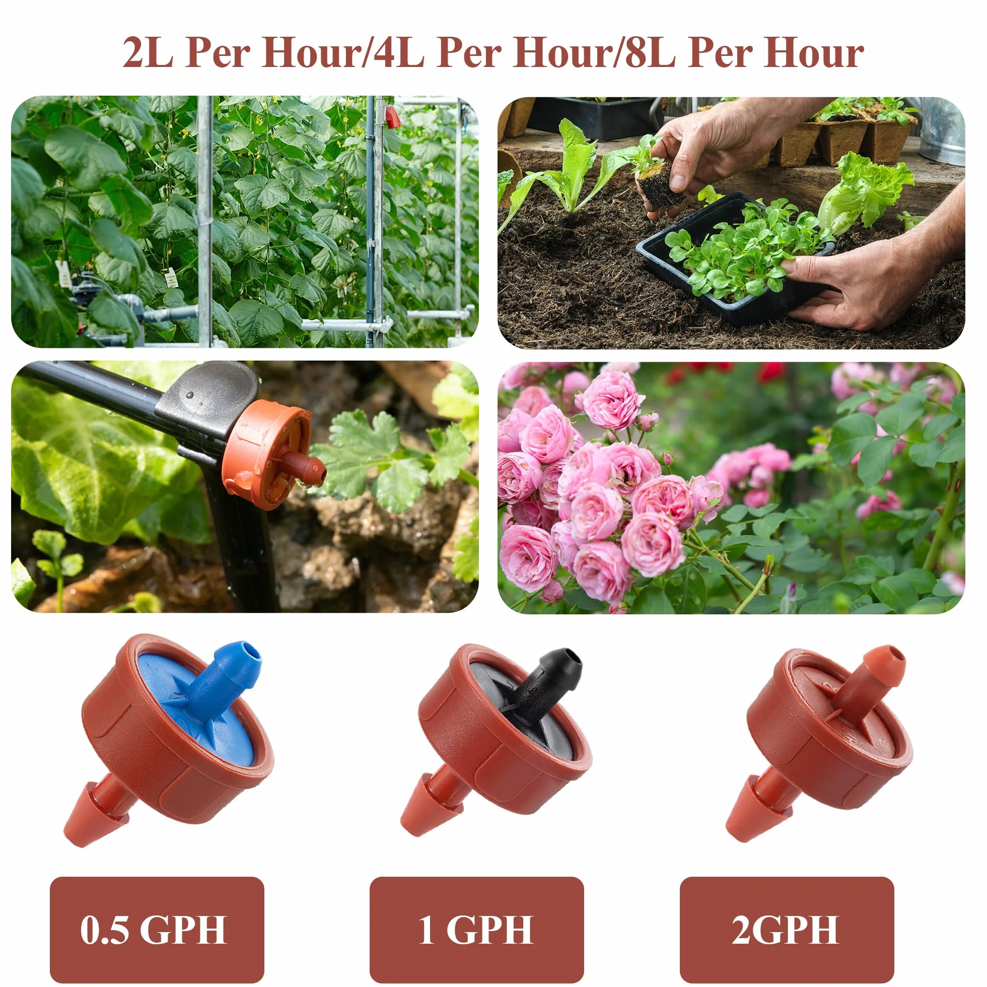 Émetteurs de compensation de pression 8 l/h, débit constant, sortie Barb, goutte-à-goutte, Lot de 60, pour tuyau 1/4", jardin