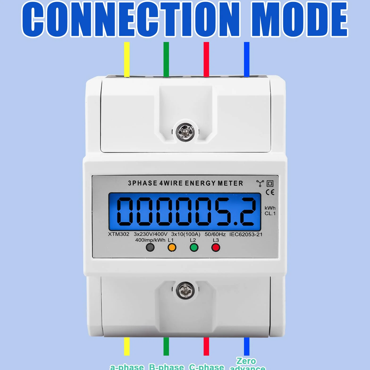 Compteur d'électricité triphasé 4 fils, compteur triphasé 230/400V 3x 5-100A, compteur d'électricité numérique LCD compteur intermédiaire courant rail DIN pour compteur intermédiaire rail DIN courant