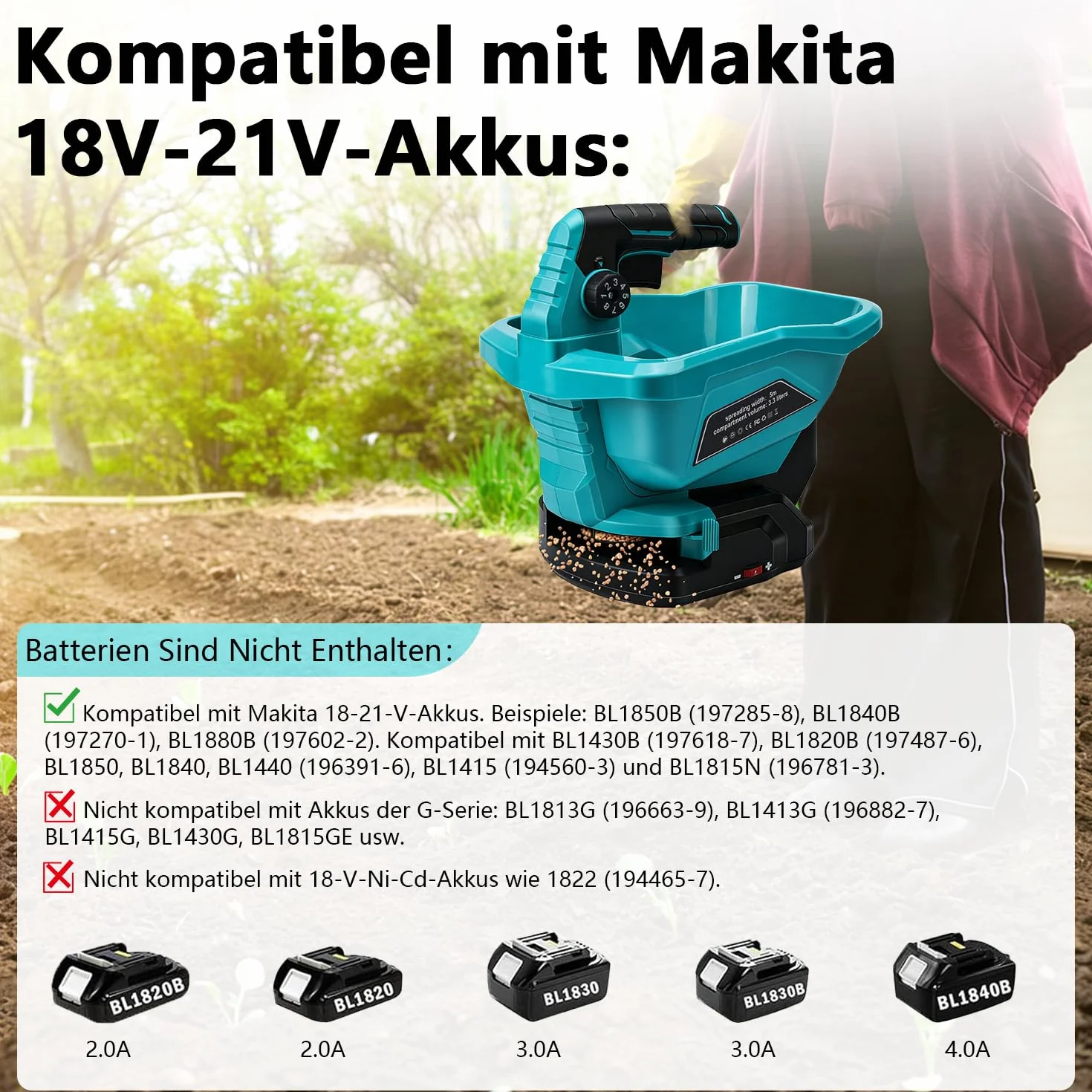 Makita 18 V Épandeur d'Engrais Portable 3,3 L 6 Réglages Vitesse 8 Réglages Angle 800 m²