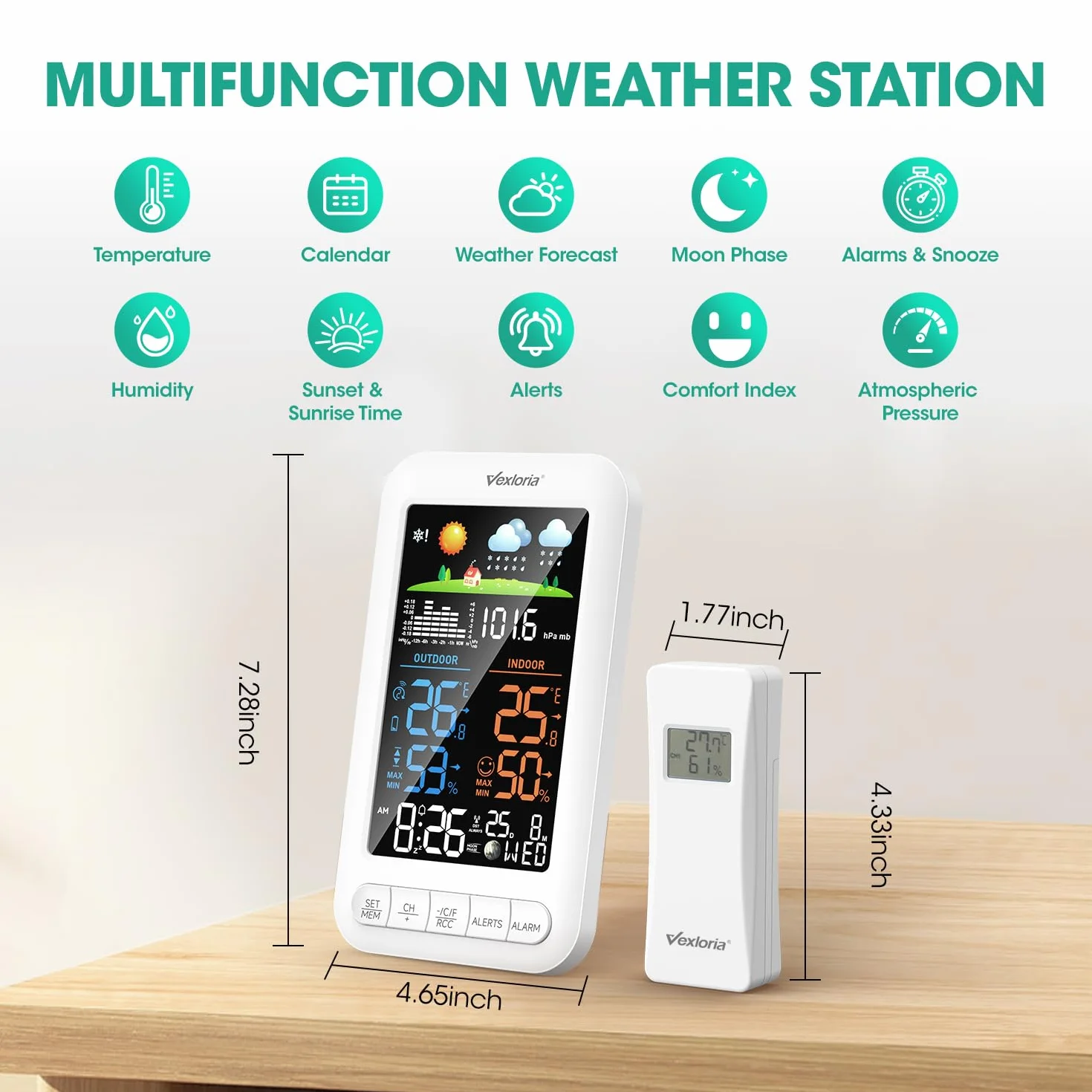 Station Météo Sans Fil avec Capteur Extérieur, Thermomètre Intérieur, Hygromètre Intérieur, Prévisions Météo, Alarme Blanc