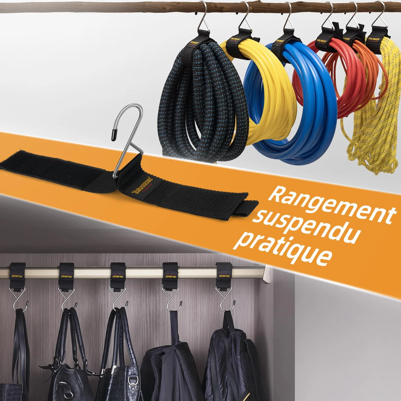 Lot de 6 Organisateur de Câbles pour Rangement,Sangles Auto-agrippante avec crochet en métal pour Attacher aux Murs les Câble, les Fil,les Corde,les Tuyaux,Organiser la Maison,le Garage ou un Atelier