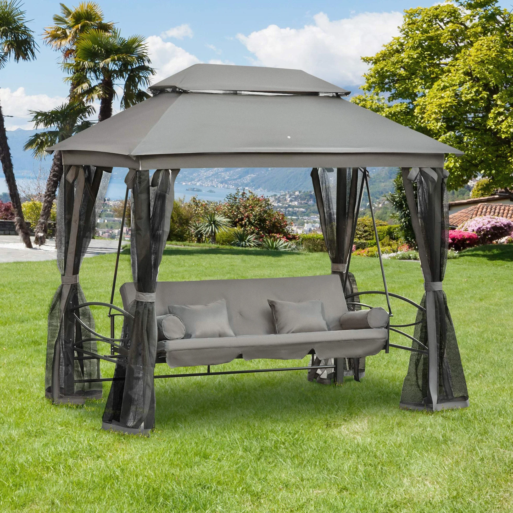 Outsunny Balancelle de Jardin 3 Places Convertible Colonial 5 Coussins + Matelas + Moustiquaire 2,56L x 1,72l x 2,48H Gris