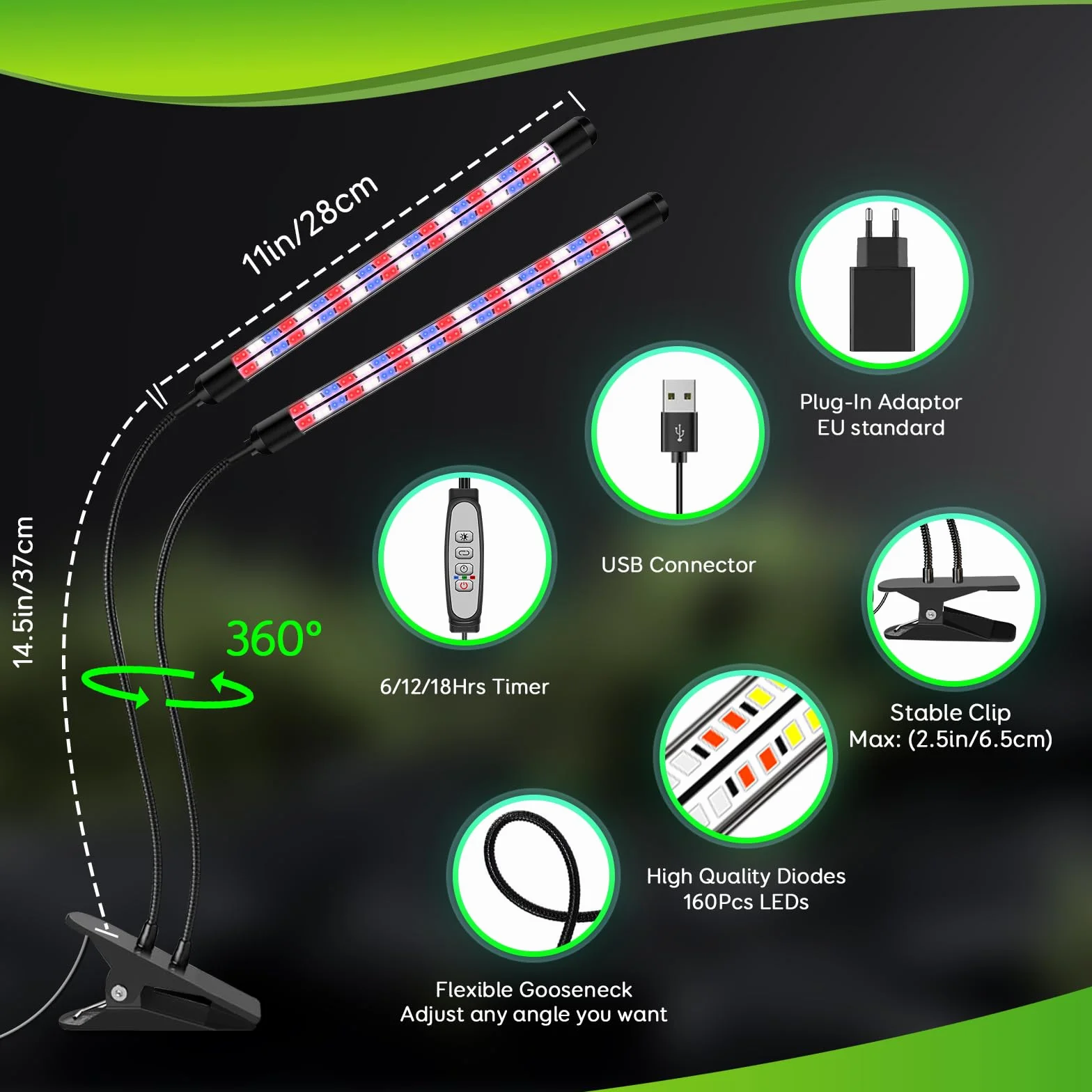 Lampe de Croissance LED 2 Têtes, Spectre Complet, Minuteur, 3 Modes de Couleur, 5 Niveaux de Dimming, Plantes d'Intérieur (Rouge+Bleu)
