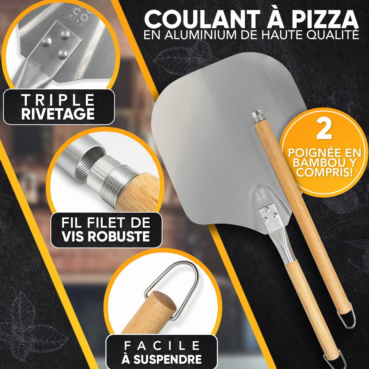 Pierre à pizza barbecue gaz Loco Bird 38x30 cm cordiérite rectangulaire kit 3 pièces