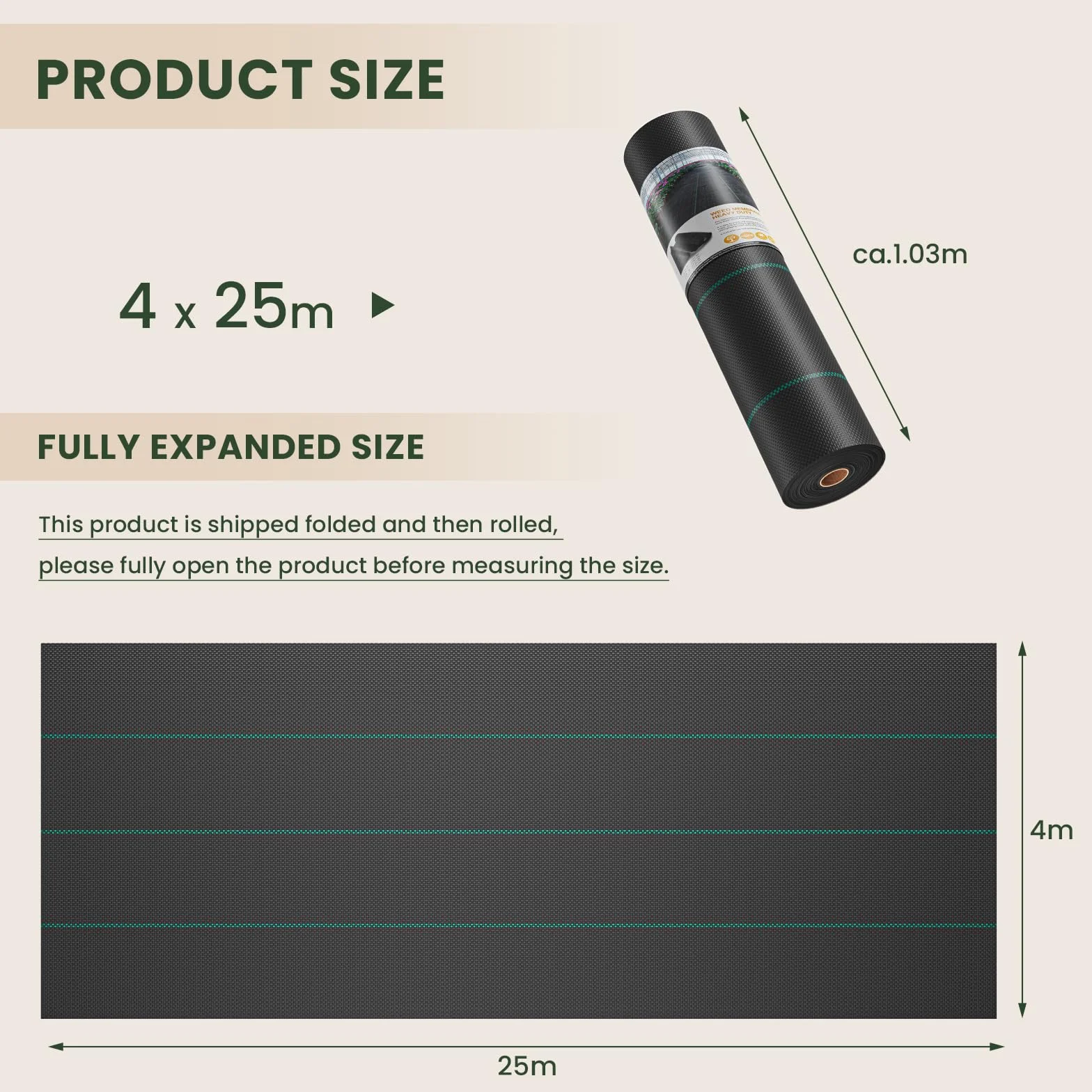 Toiles de Paillage 4m x 25m 90g/㎡, Geotextile Anti Mauvaises Herbes Jardin, Bache Noire Agricole