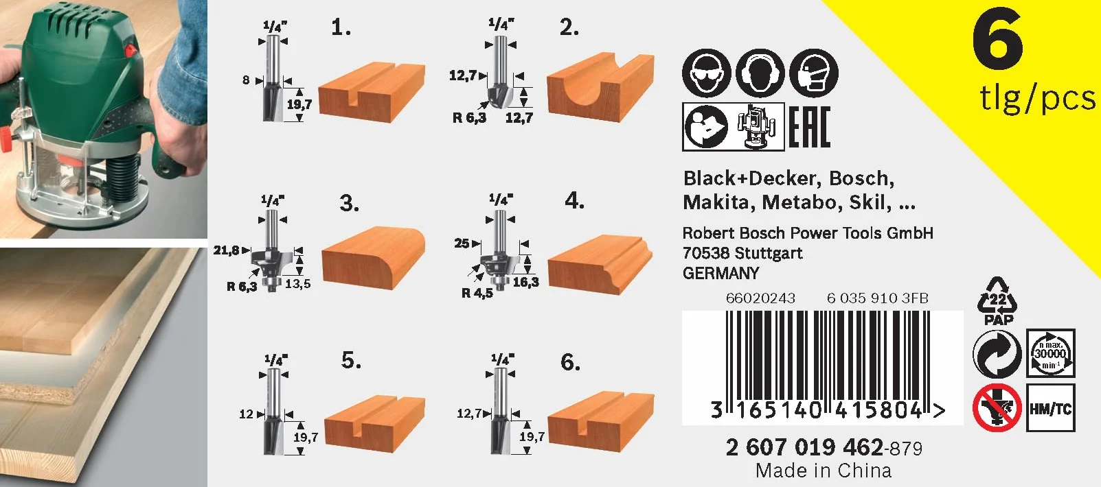 Bosch 6 pièces Ensemble de fraises au carbure (pour le bois, emmanchement Ø 6 mm, accessoires défonceuse)