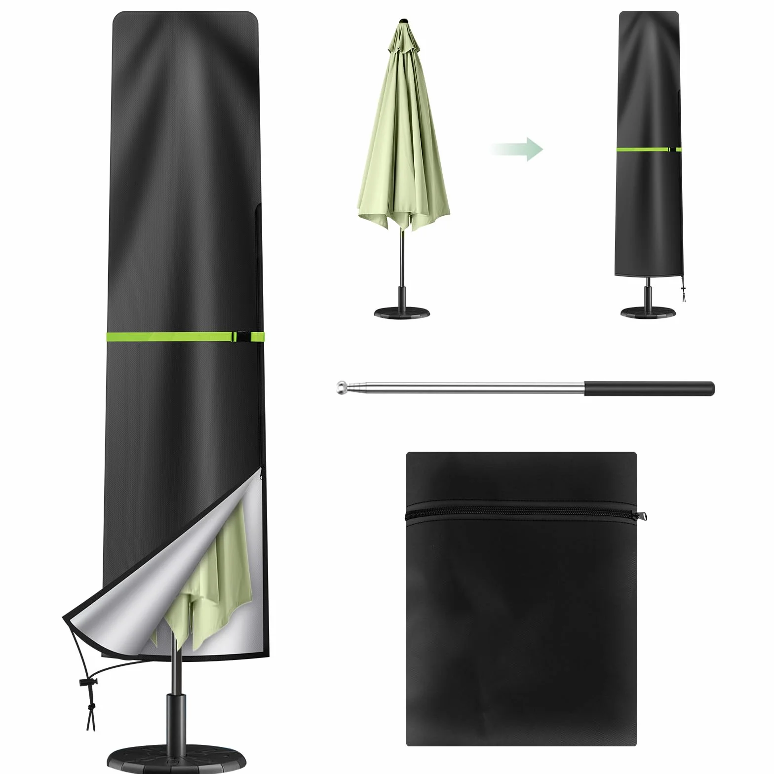 Ainiv Housse Parasol en Tissu Oxford 210D avec Mât Télescopique et Fermeture Éclair, Housse de Protection Imperméable Coupe-Vent Anti-UV