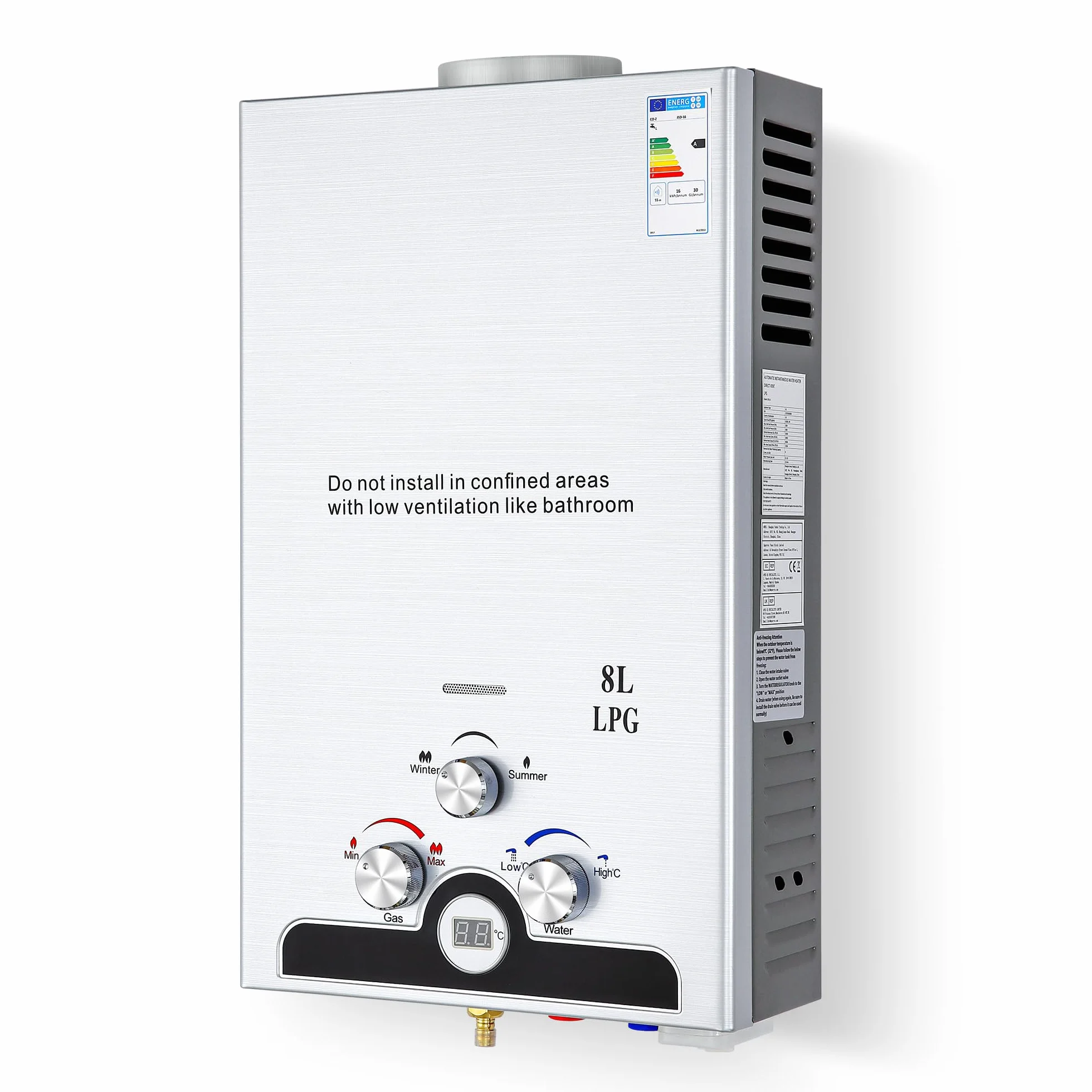 CO-Z Chauffe-Eau à Gaz Instantané 8LPM 13,6kW LPG GPL Acier Inoxydable CE Portable Maison Camping Caravane