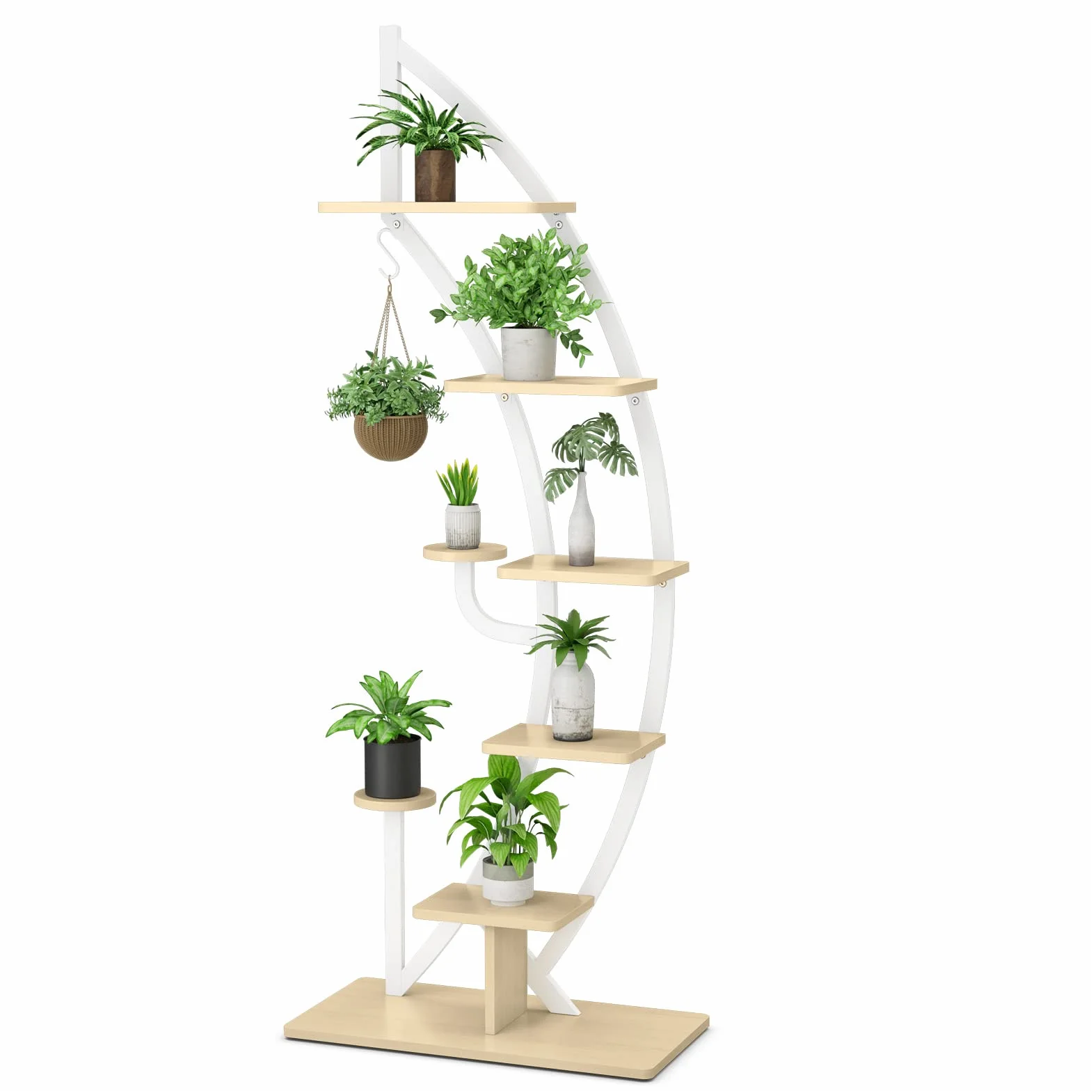 COSTWAY Support de Plante Métal 7 Niveaux, Étagère à Fleurs avec Crochet, Demi-lune Anti-renversement, 60x30x155 cm Blanc