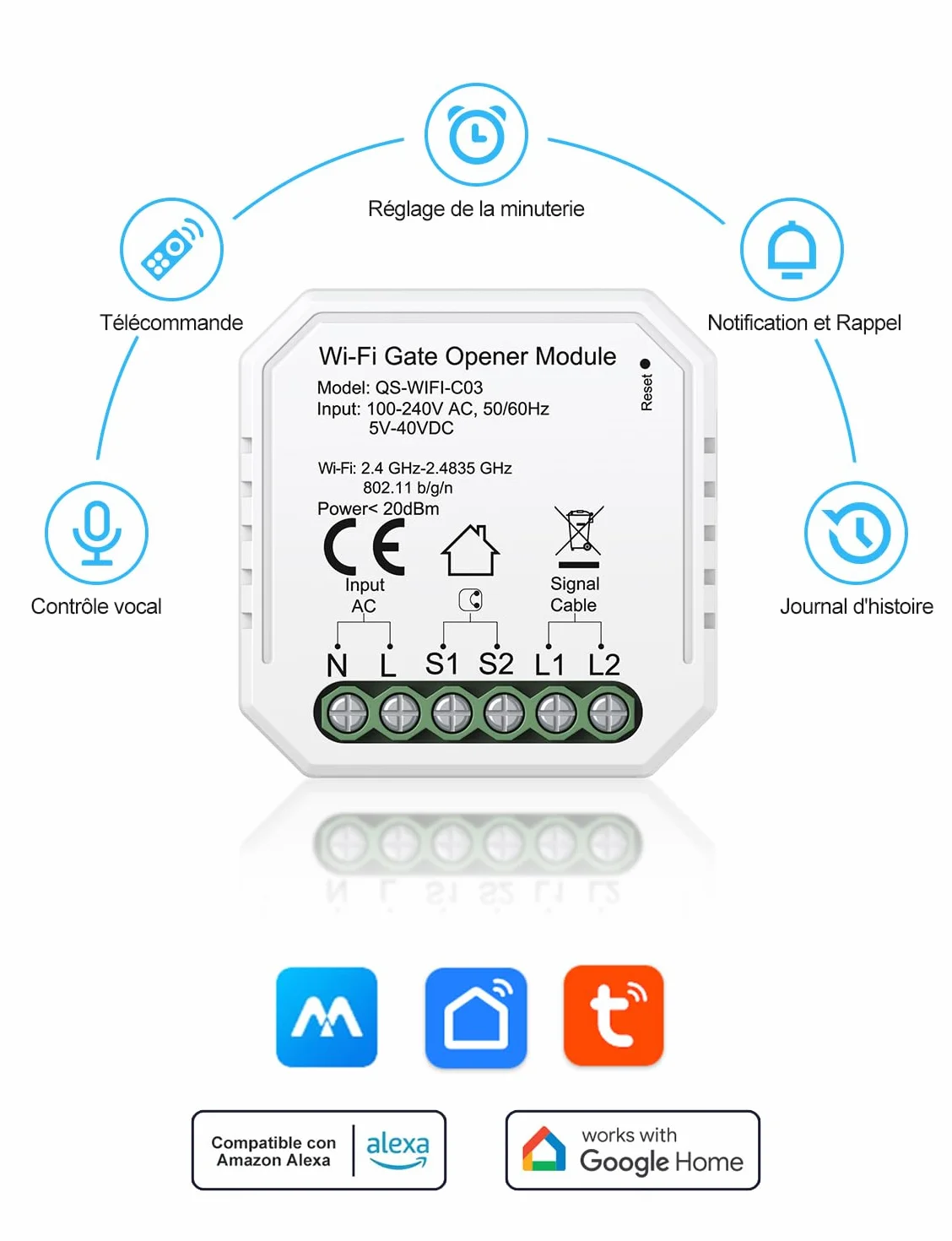 Maxcio Ouvre-Porte de Garage Connecté Wi-Fi, Compatible avec Alexa/Google Home, Contrôle par Application, Commande Vocale, Fonction de Temps, Compatible avec Alimentation CC et CA