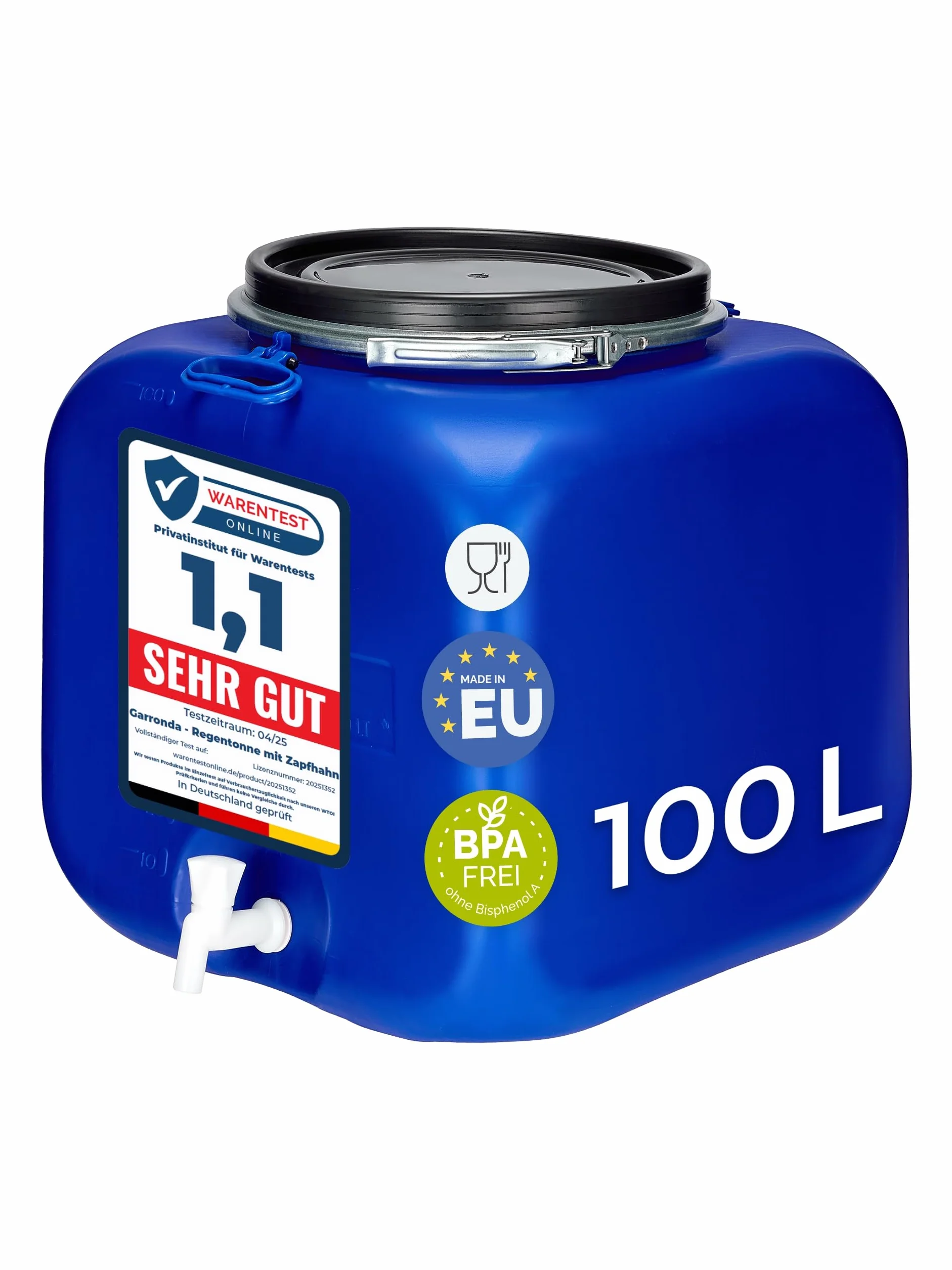 Garronda Récupérateur d'eau de Pluie Carré 100 litres sans BPA avec Robinet et Couvercle Bleu