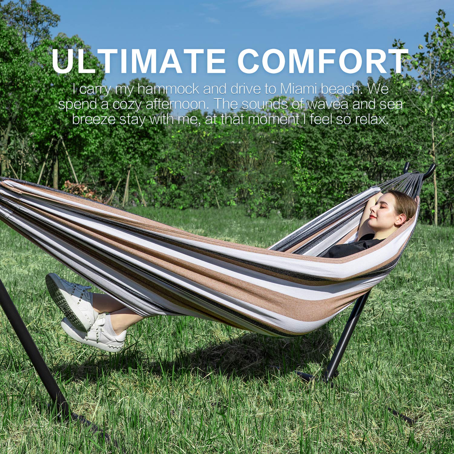 Two-Person Double Hammock with Steel Stand - Coffee