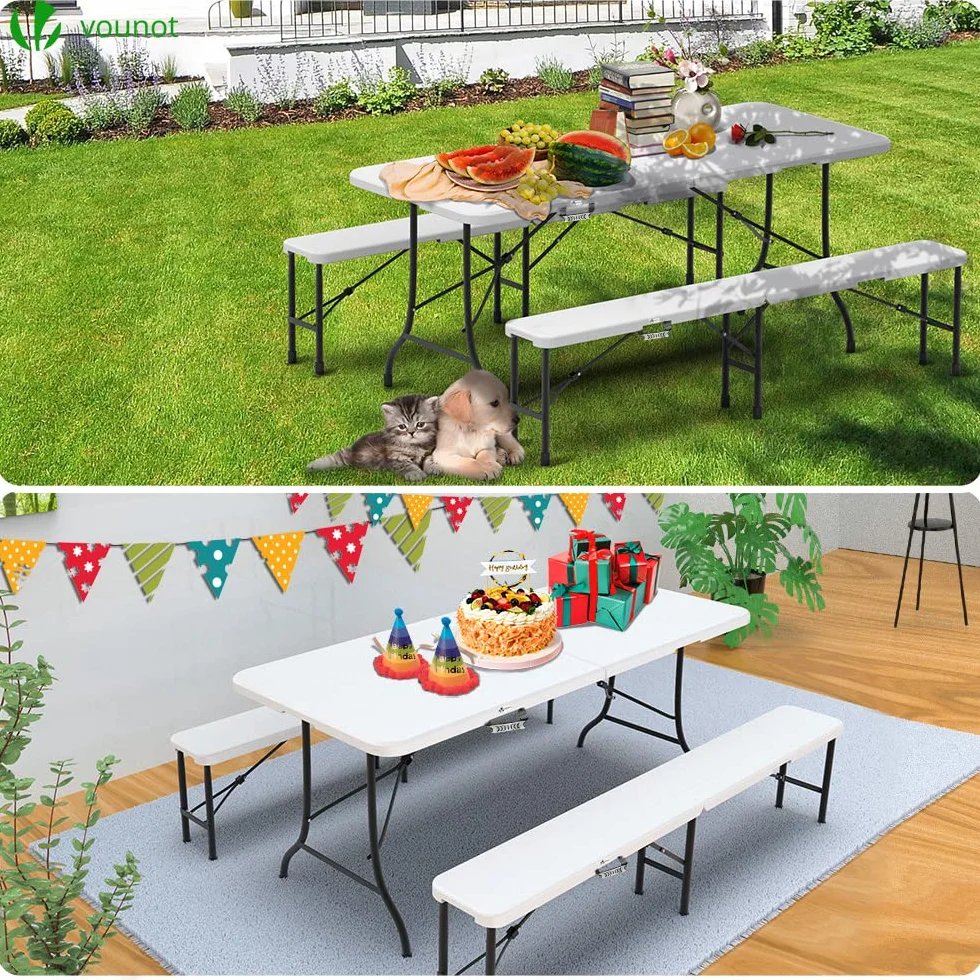 Ensemble Table Pliante et Bancs Pliables Camping 180cm HDPE Polyrotin 8 Places Blanc
