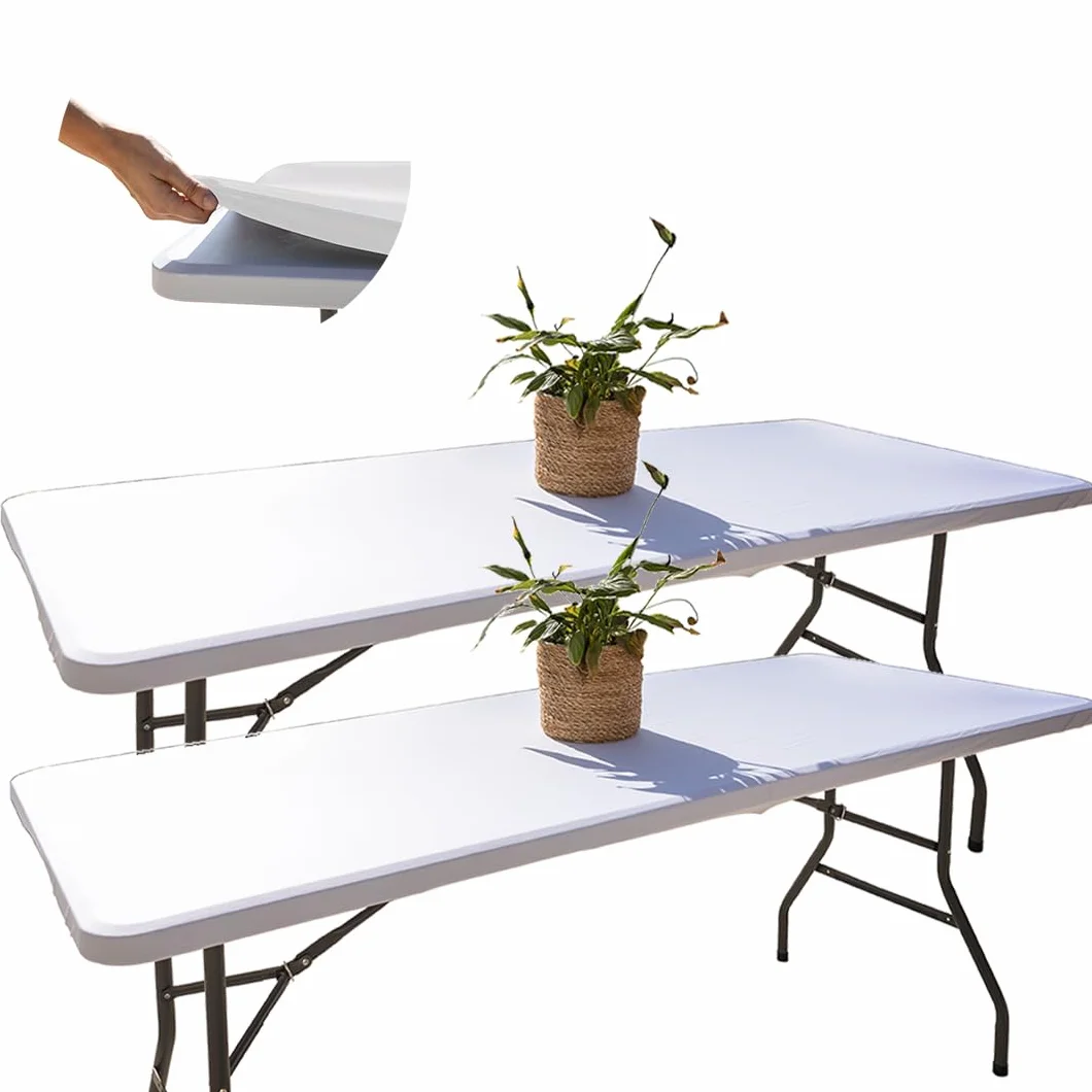 Lot de 2 Nappes Table Pliante 180 cm Blanches Housses Plateau Ajustées Tissu Spandex Déperlant Mariage Baptême
