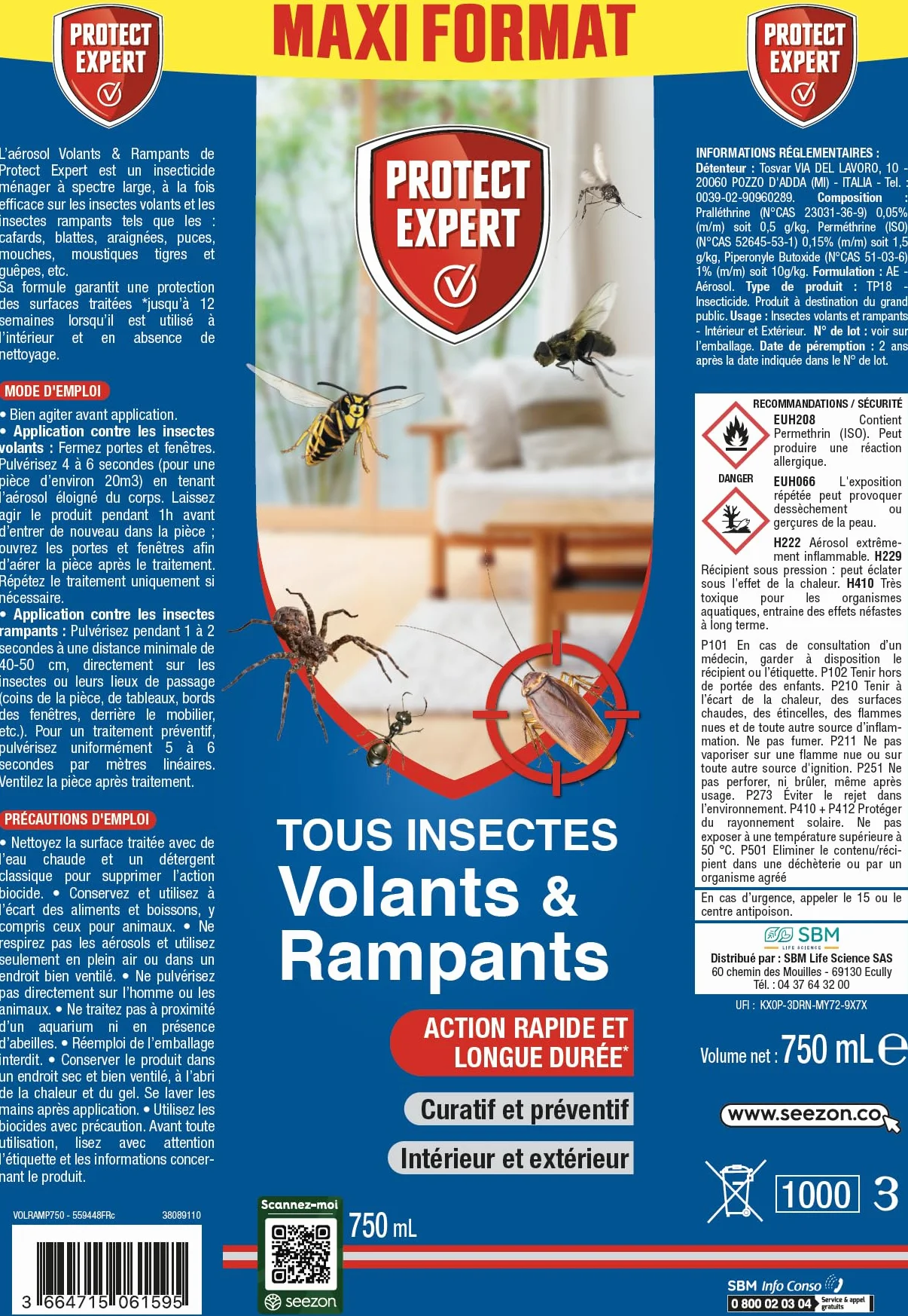 PROTECT EXPERT Foudroyant Insectes Volants & Rampants 750ml Action Curative Et Préventive