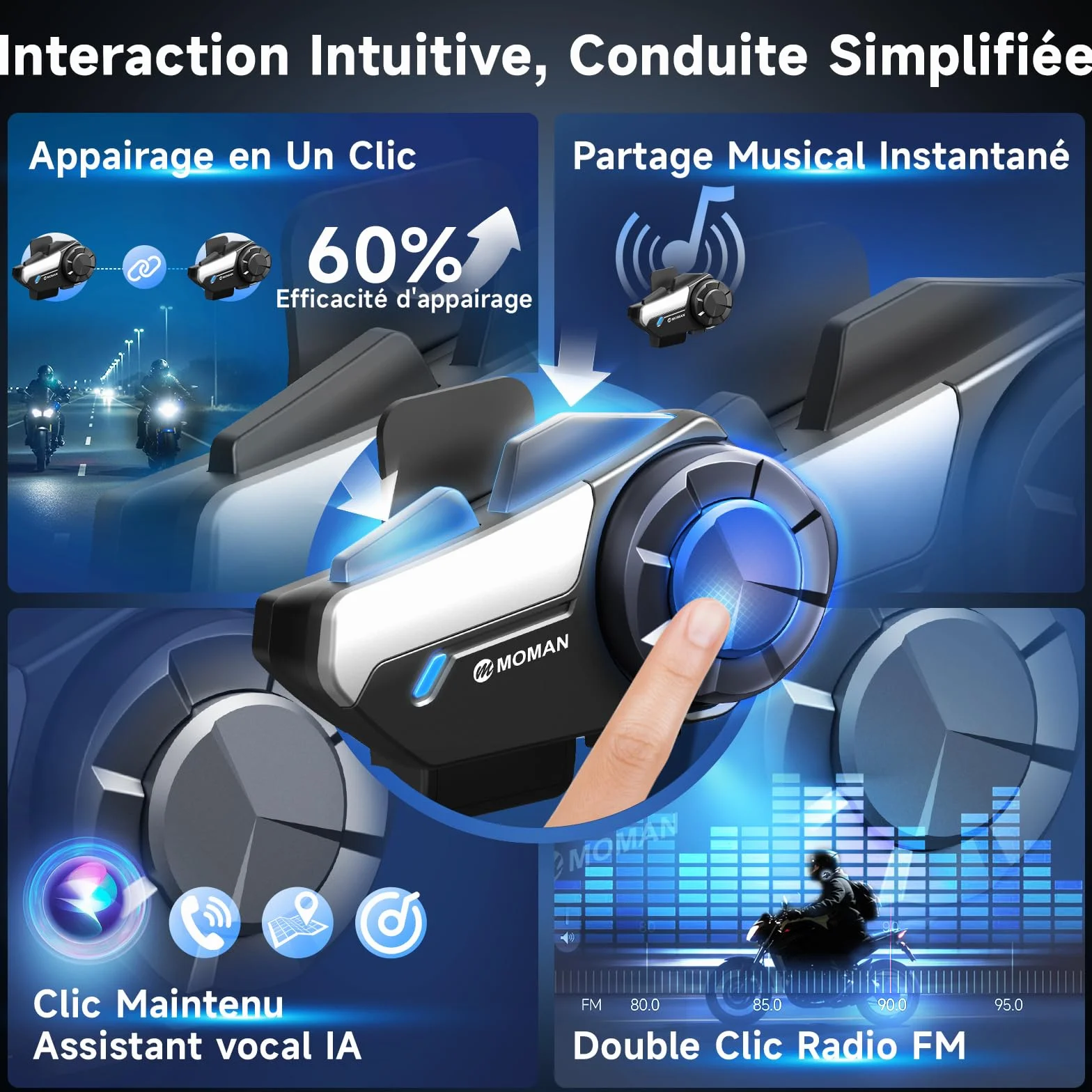 Moman H2S Intercom Moto - Audio-Multitâche, Communication Système 1000M ENC&DSP&CVC Réduction de Bruit Kit Main Libre Moto Hi-FI Stéréo Partage de Musique FM Commandes Vocales IA IPX6 Étanche,1 Unité