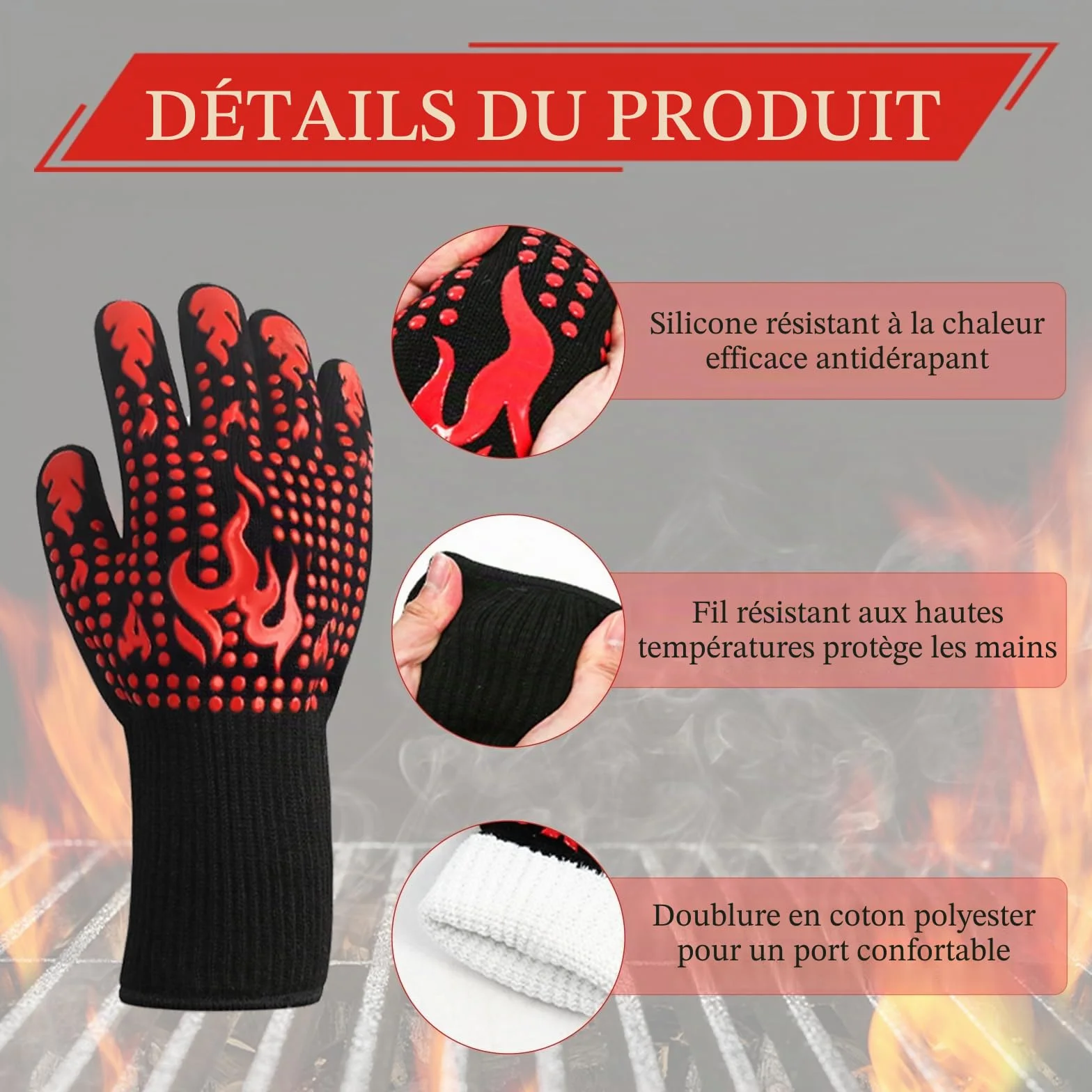 Gants de Barbecue Anti Chaleur 800°C, Gant de Cuisine Antidérapant pour BBQ, Four, Cheminée