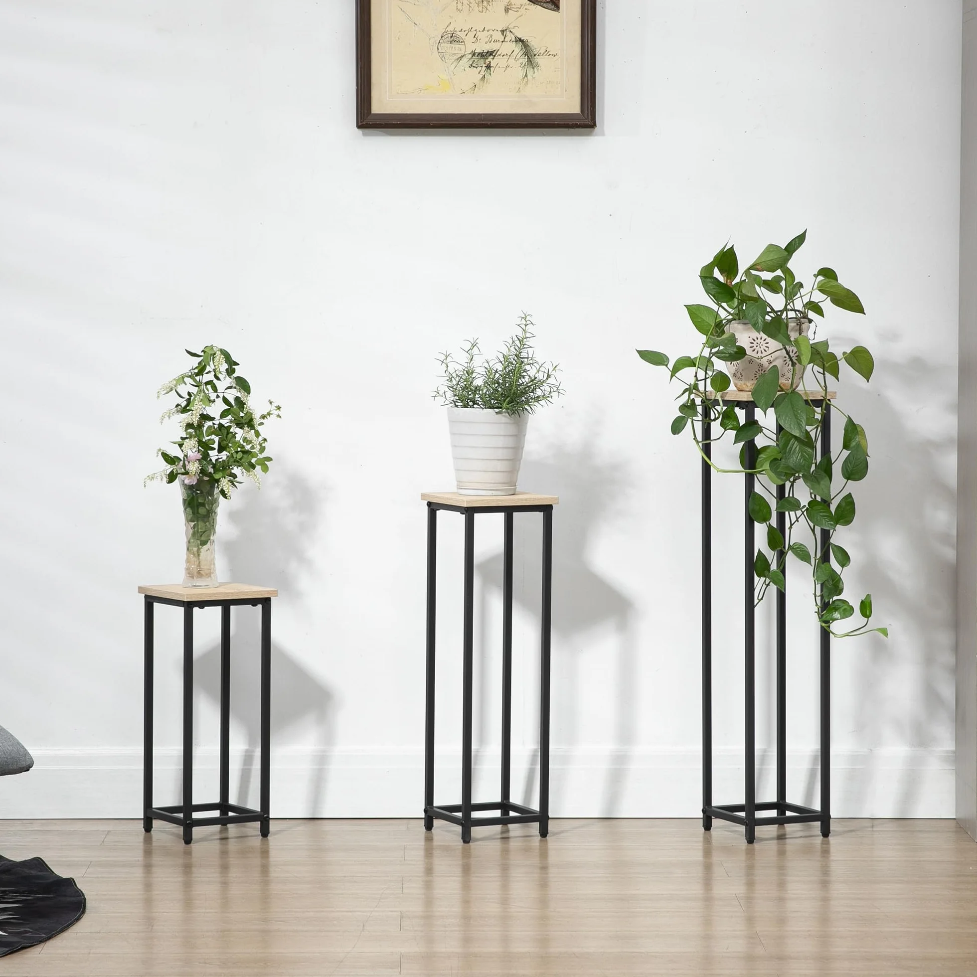 Outsunny Lot 3 supports pot de fleurs porte-plantes empilables 21x21x50/70/90 cm acier