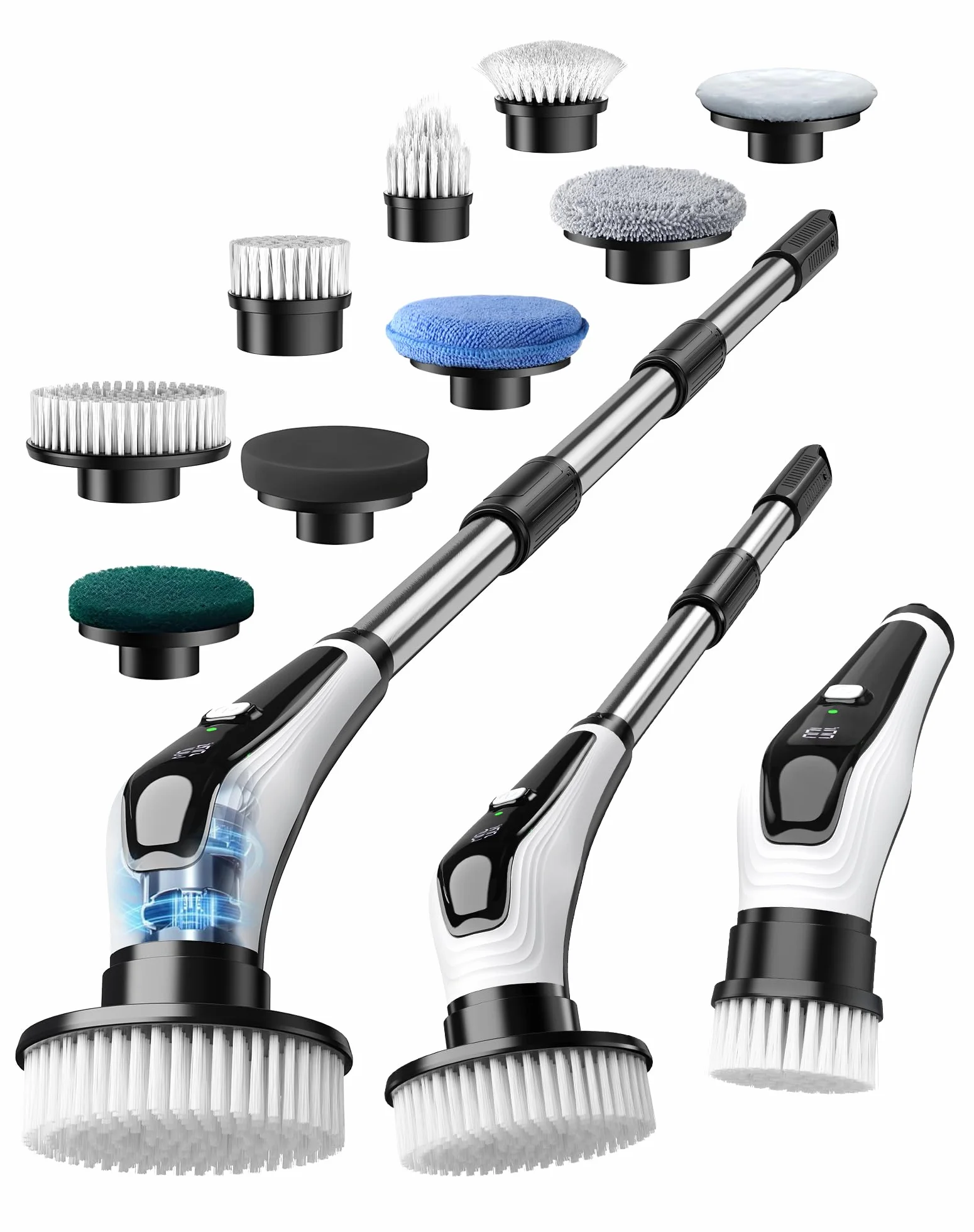 Brosse Rotative Nettoyage avec 9 Têtes, Manche Extensible 2 Vitesses, Batterie 3000mAh, Brosse Nettoyage Electrique étanche IPX8 pour Salle de Bain, Cuisine et Voiture