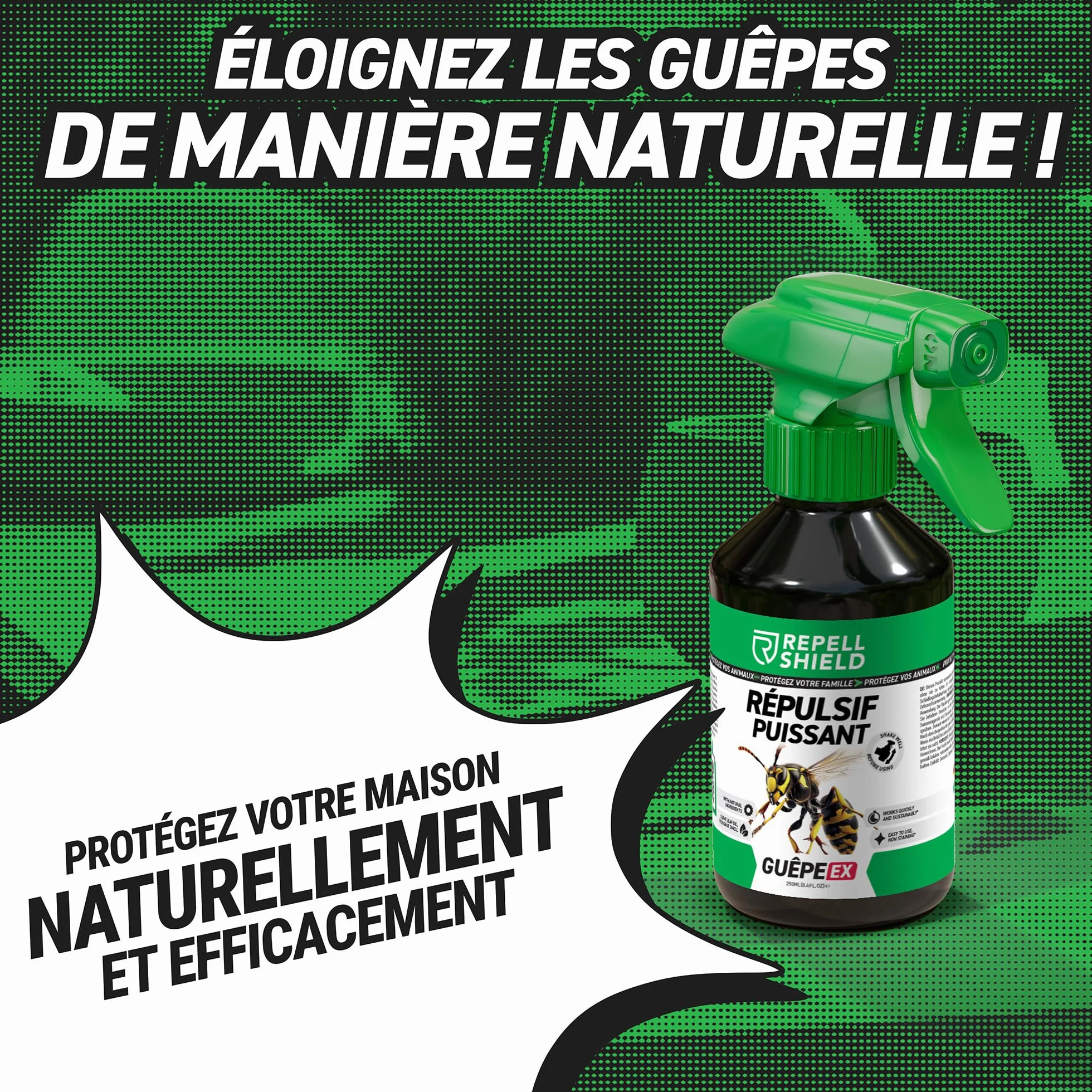 RepellShield® Anti Guepe Spray 250ml Barrière Répulsive Citronnelle Géraniol Anti Guepes Frelons Exterieur