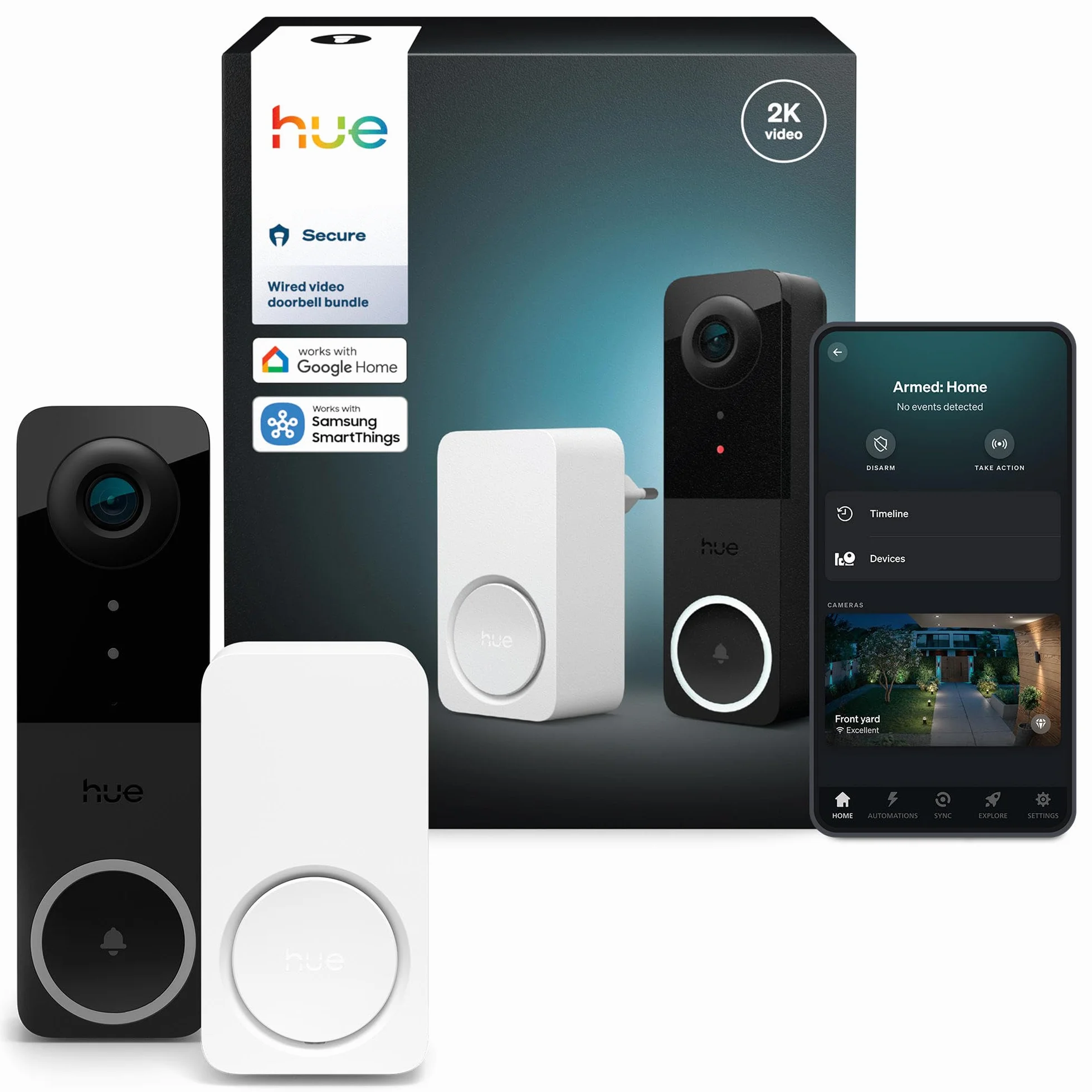 Philips Hue Sonnette vidéo filaire et Carillon connecté Secure – Caméra de surveillance extérieure résolution 2K avec audio bidirectionnel et vue infrarouge, intégration avec les lampes Hue, noir
