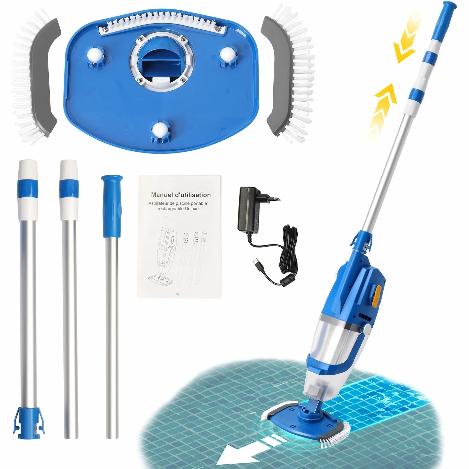 LEADZM Aspirateur Piscine Batterie sans Fil 4500mAh 100L/Min Puissance d'Aspiration Autonomie 60 Min 190×23,7×17cm Bleu