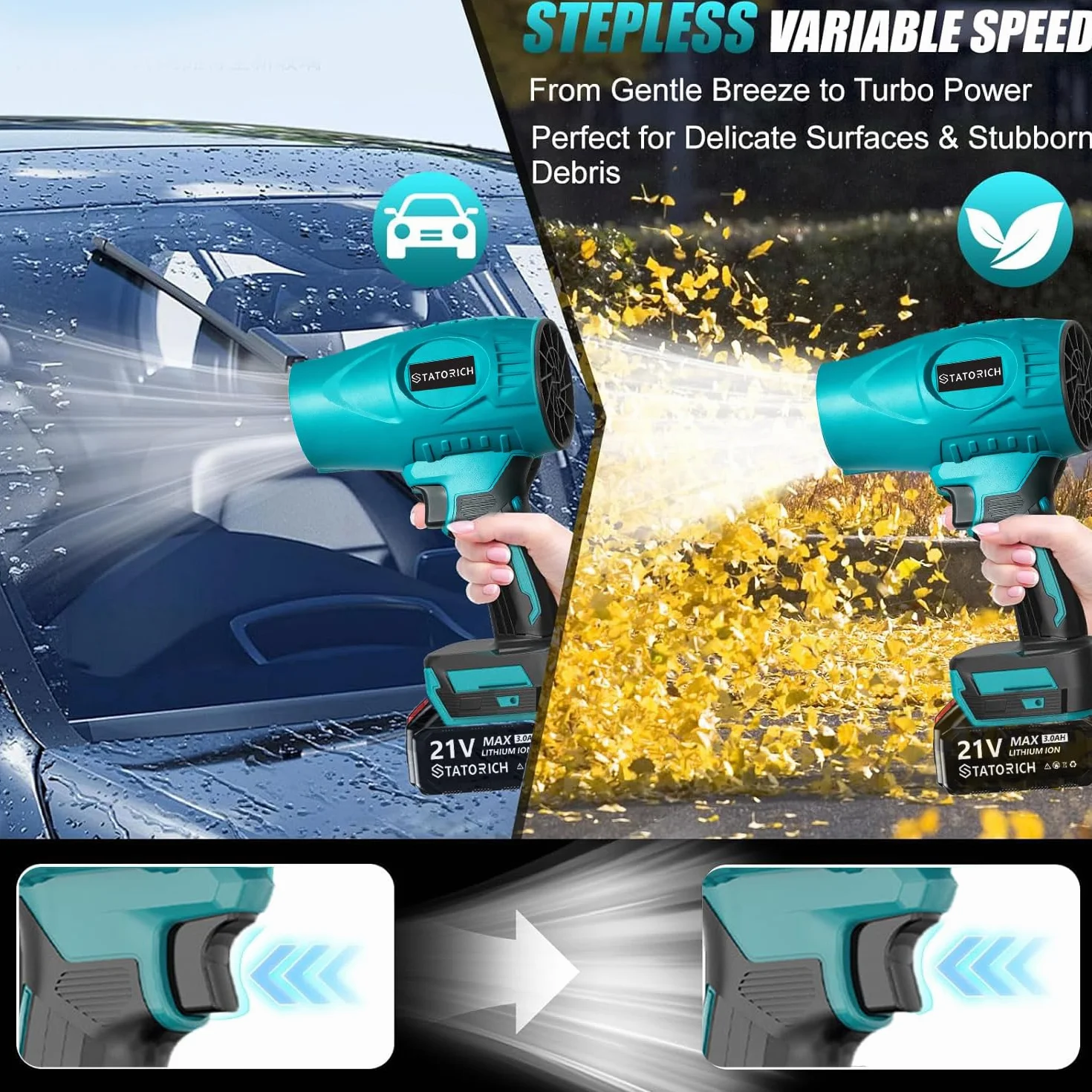 Souffleur de Feuilles sans Fil 500.000 TR/Min 60 m/s, Moteur Brushless, 2 Batteries 3.0 Ah, Portable