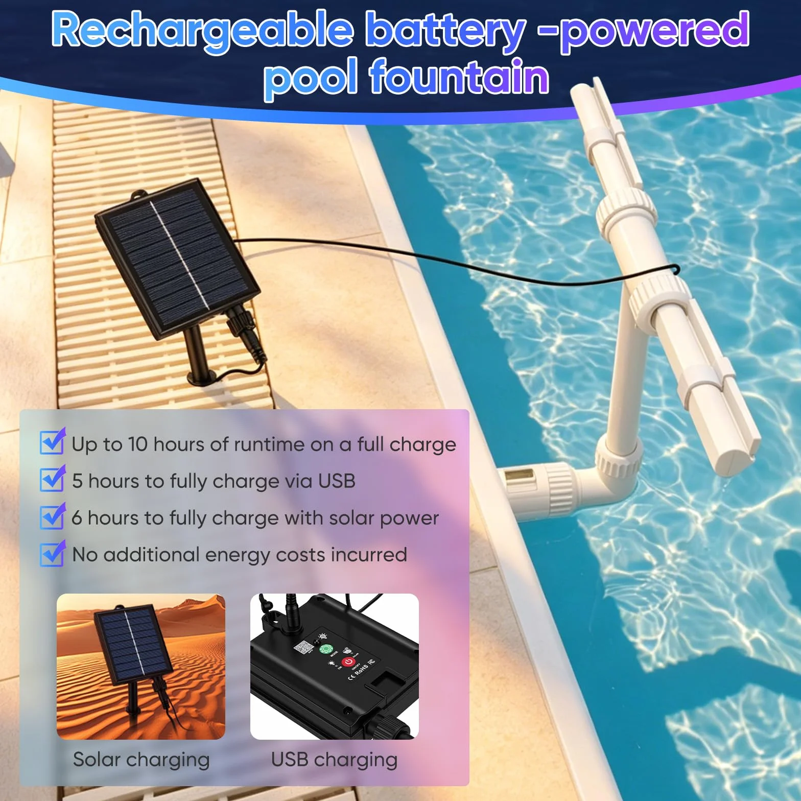 Fontaine Solaire à Double Tête avec Éclairage RGB, 11 Couleurs, Contrôle par APP, Jet Réglable 0,5–3 m pour Piscine
