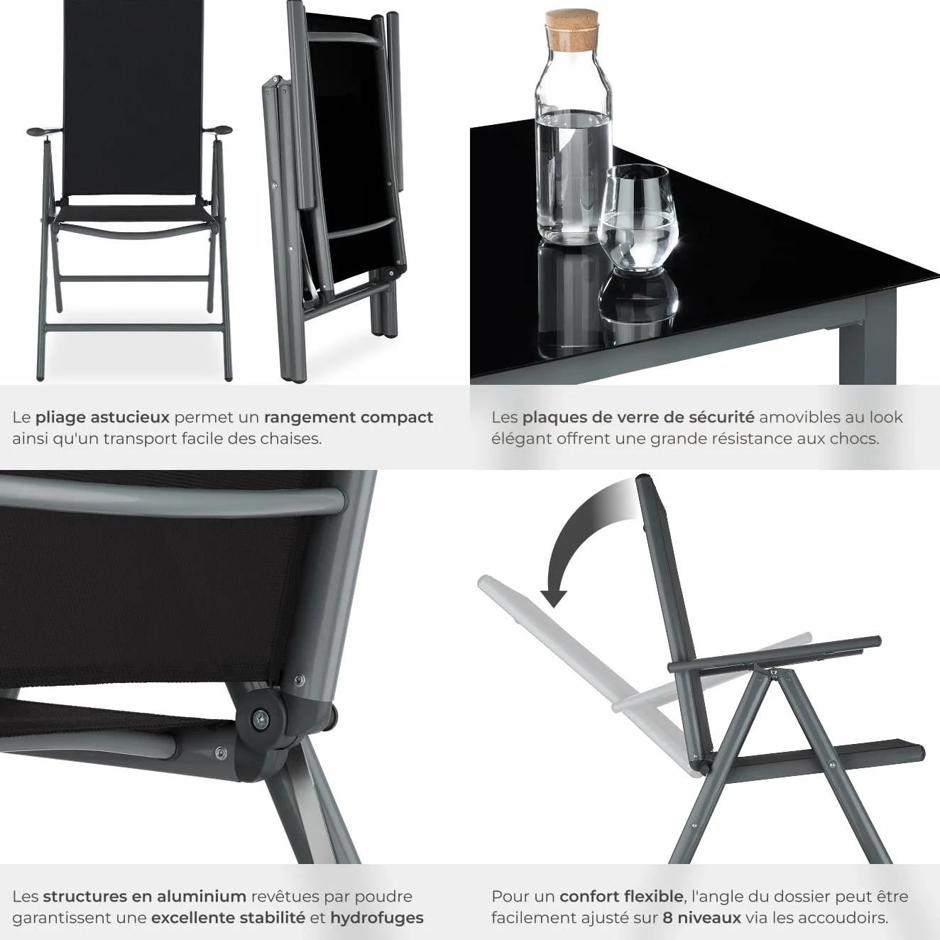Tectake Salon de Jardin Extérieur en Aluminium 8 Fauteuils Inclinables Pliables 1 Table Mobilier Balcon Terrasse
