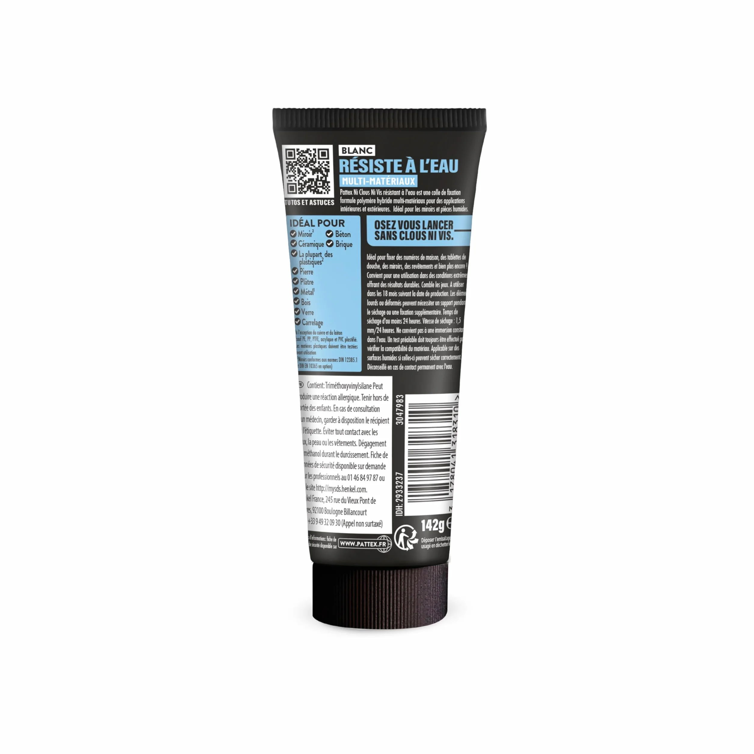Pattex - Colle Ni Clou Ni Vis Résiste à l'Eau Multi-Matériaux (tube de 142 g) – Colle de fixation à maintien immédiat pour intérieur & extérieur – Mastic blanc flexible et repositionnable