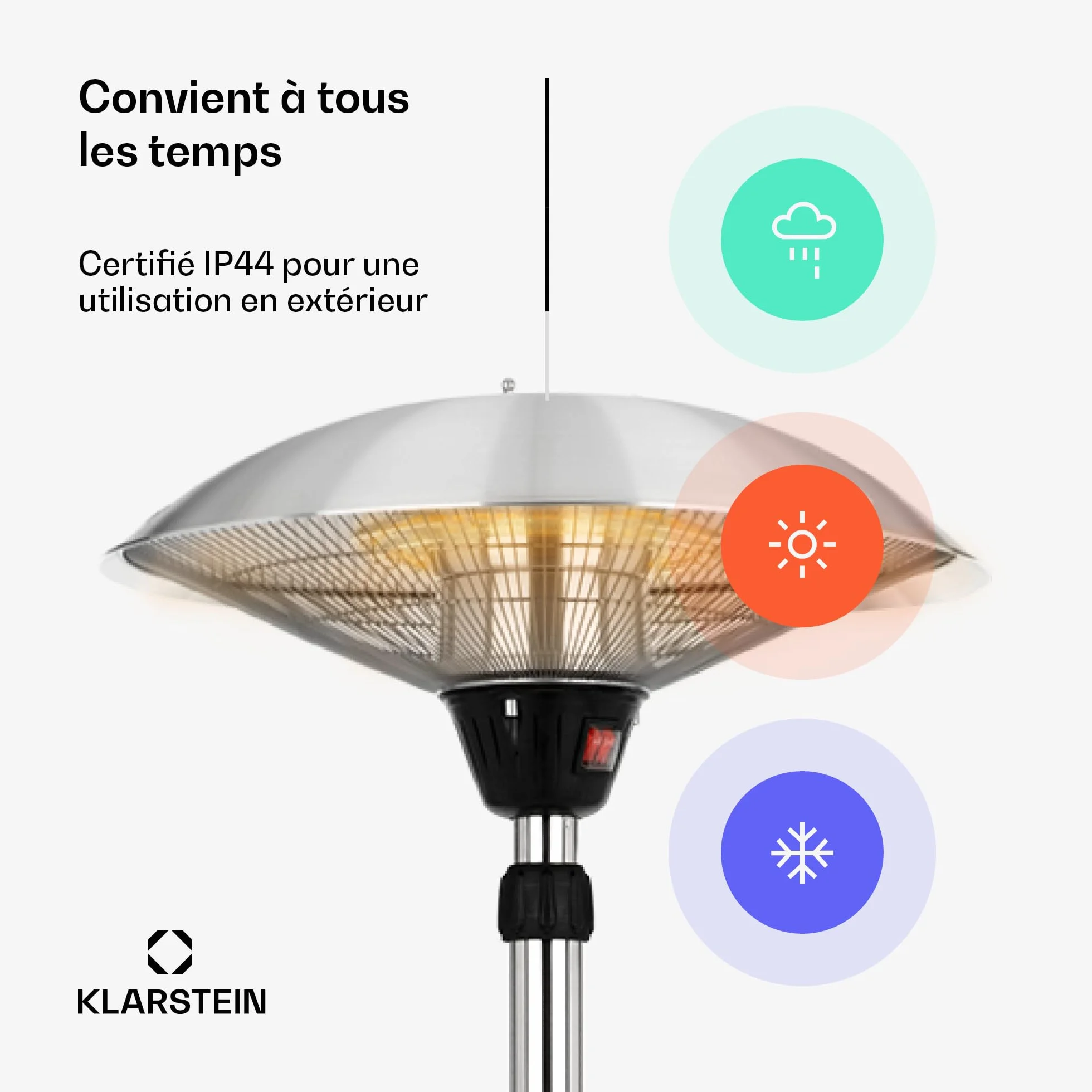 Blumfeldt Heat Guard Parasol - Chauffage extérieur infrarouge 2100W, Radiateur sur pied, IP44 Argent