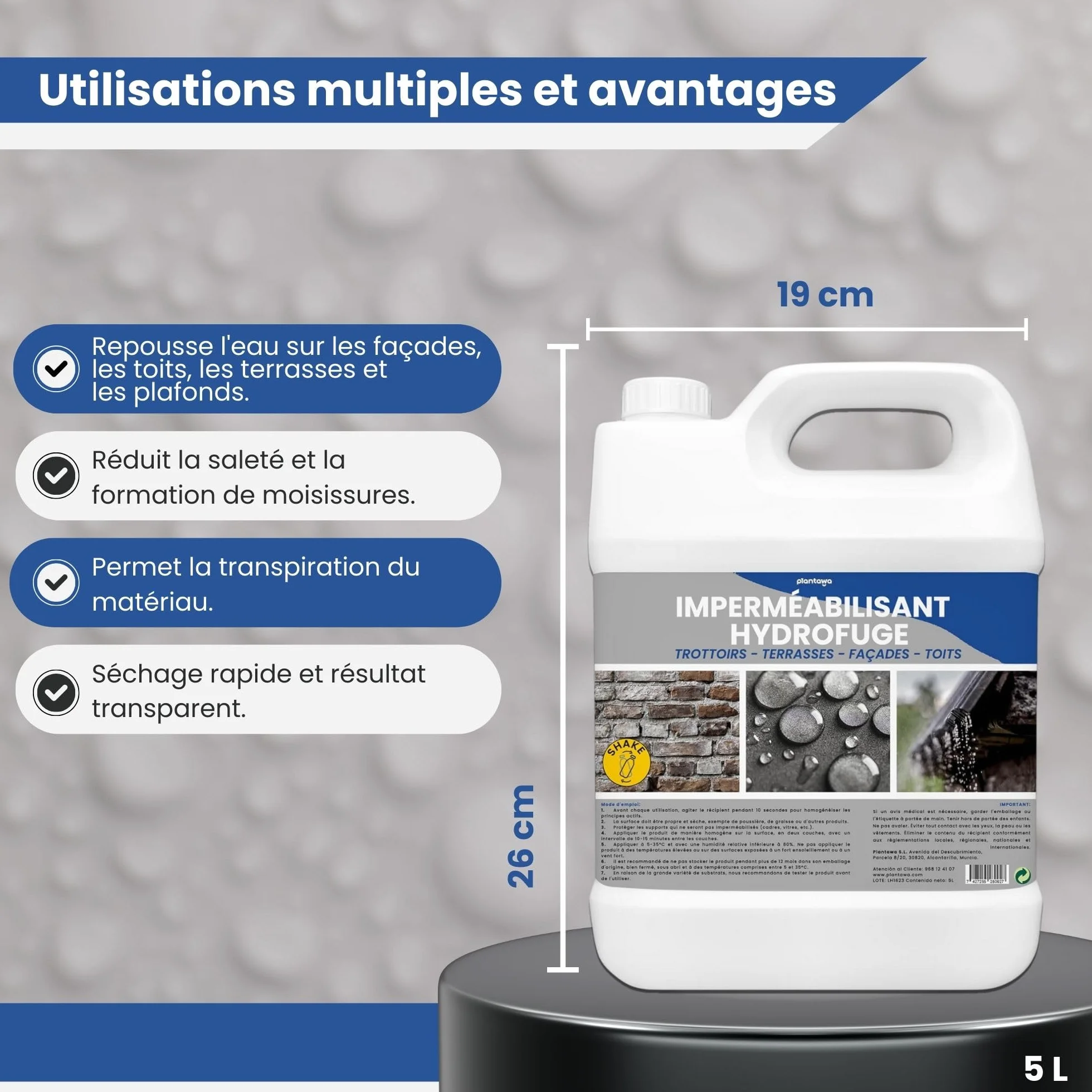 PLANTAWA Imperméabilisant Transparent 5L | Imperméabilisant Invisible, non Filmogène, Protection Totale sur Façades, Béton, Terrasses, Toitures | Hydrofuge, Résistant à l'Eau