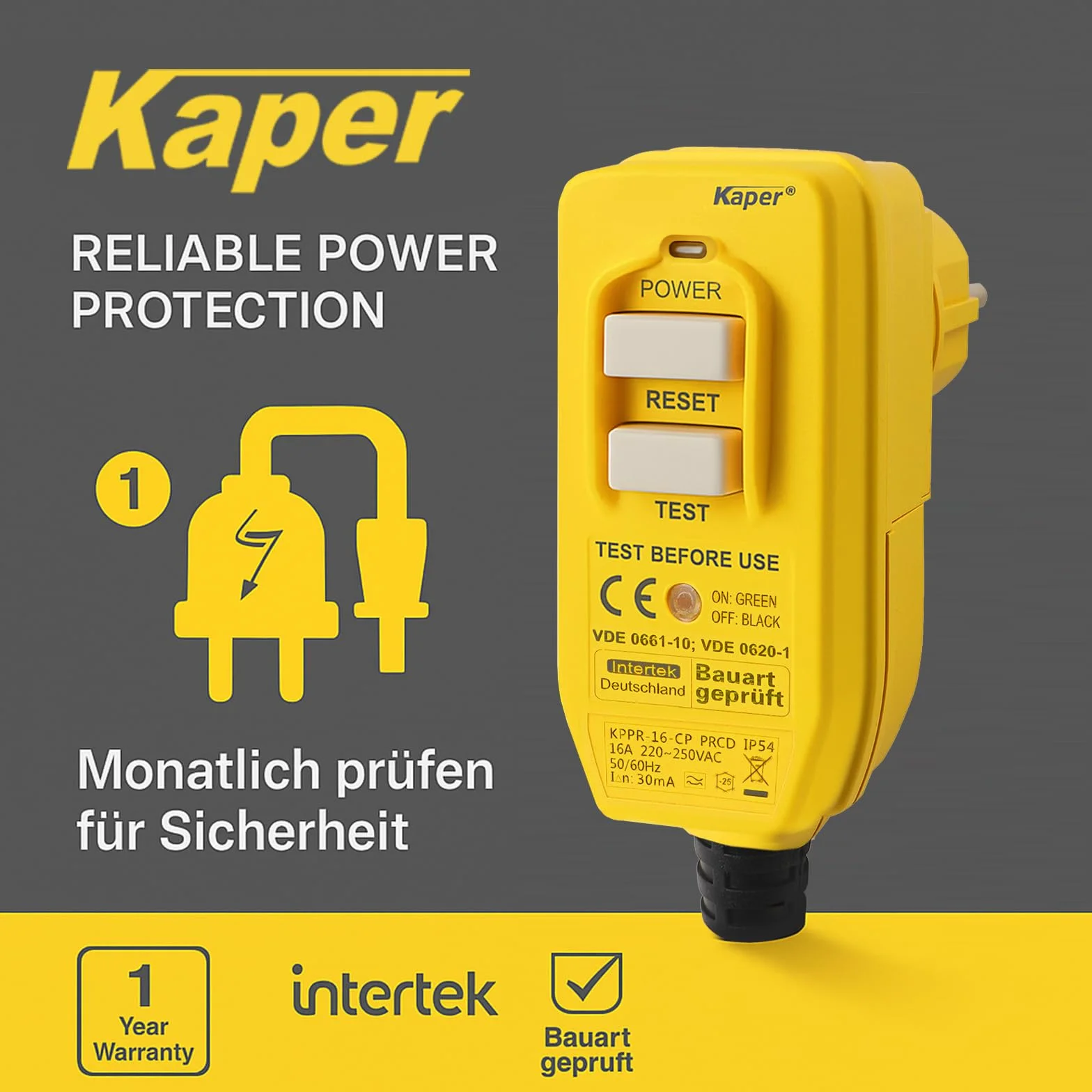 Kaper PRCD Prise de Protection Personnelle, 16 A, 230 V, IP54, Disjoncteur FI Portable avec Courant de Déclenchement de 30 mA, Étanche pour Chantier, Jardin, Camping et Atelier