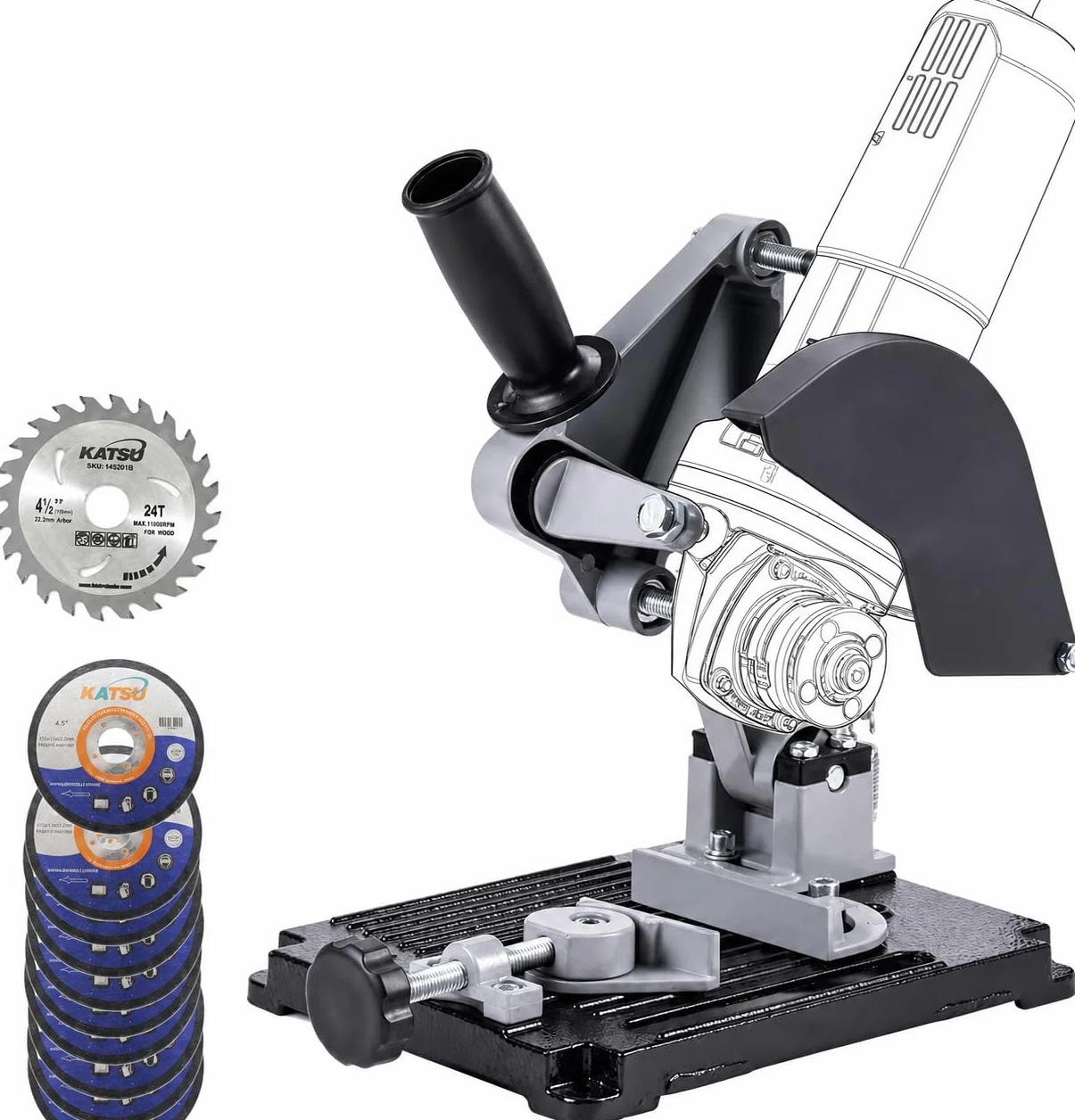 KATSU Support pour Meuleuse d'Angle - Ø 100mm à 125mm Base en Fonte Robuste de Support de Tronçonnage pour Meuleuse électrique avec 11 Disques de Coupe en Bois et en Acier 105422