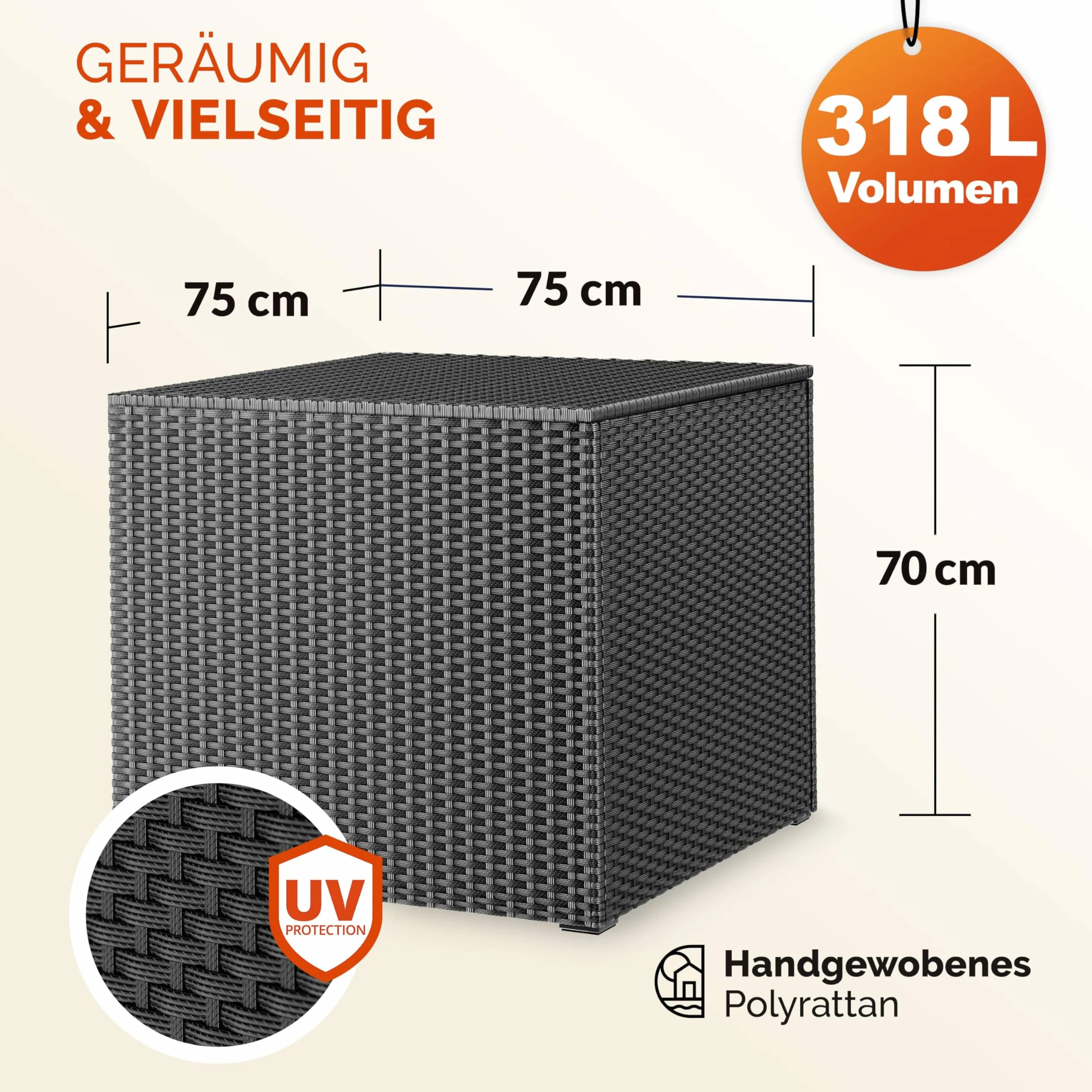 Casaria Coffre de rangement 318 L 75x75x70cm Polyrotin Résistant intempéries Imperméable Balcon Noir