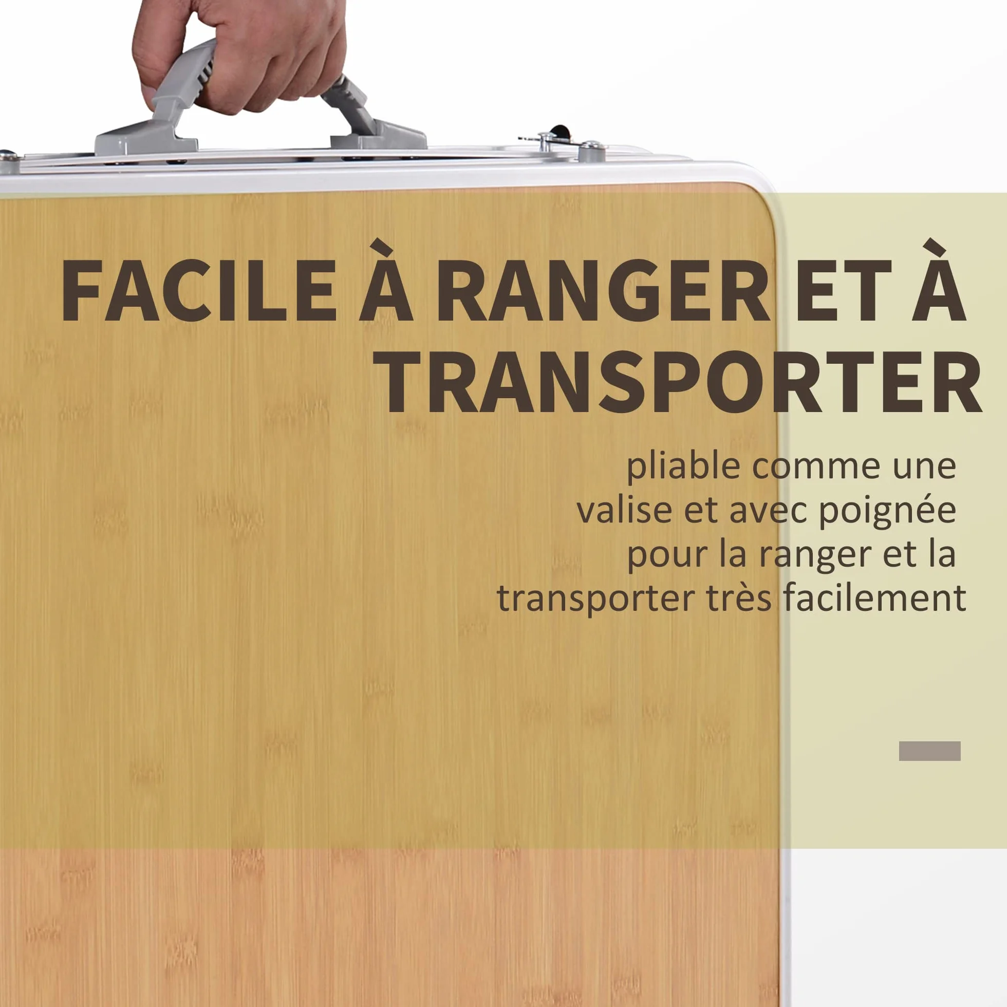 Outsunny Table Pliante Camping Jardin avec Rallonge Hauteur Réglable Aluminium MDF Imitation Bambou