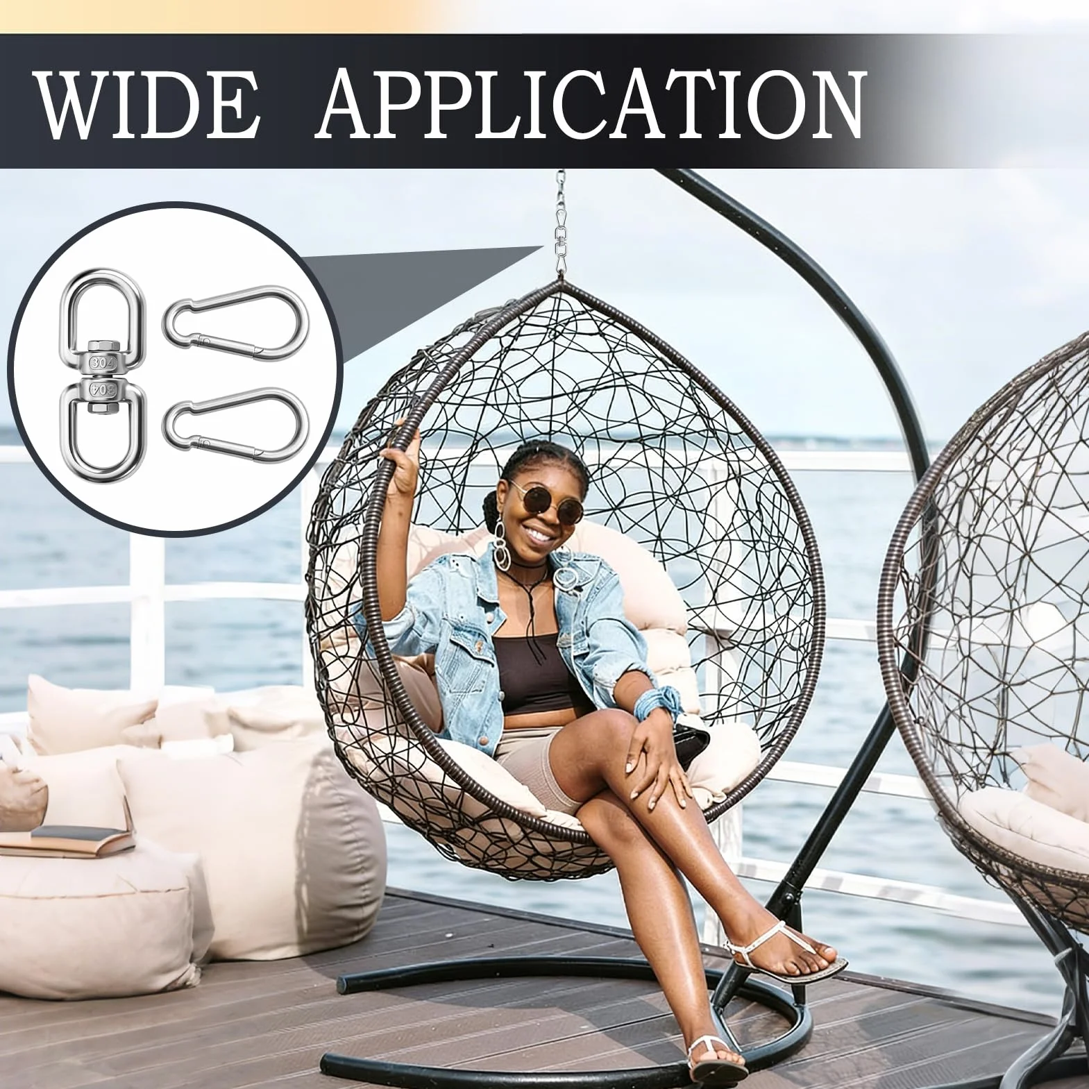 Émerillon en Acier Inoxydable 304 M8 avec Articulation Pivotante 360° pour Fauteuil Suspendu