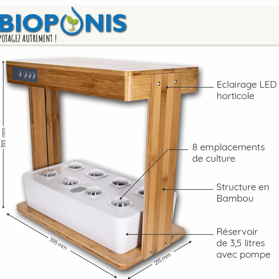 Potager d'Intérieur Hydroponique Bamboo 1 8 Emplacements pour Plantes Aromatiques